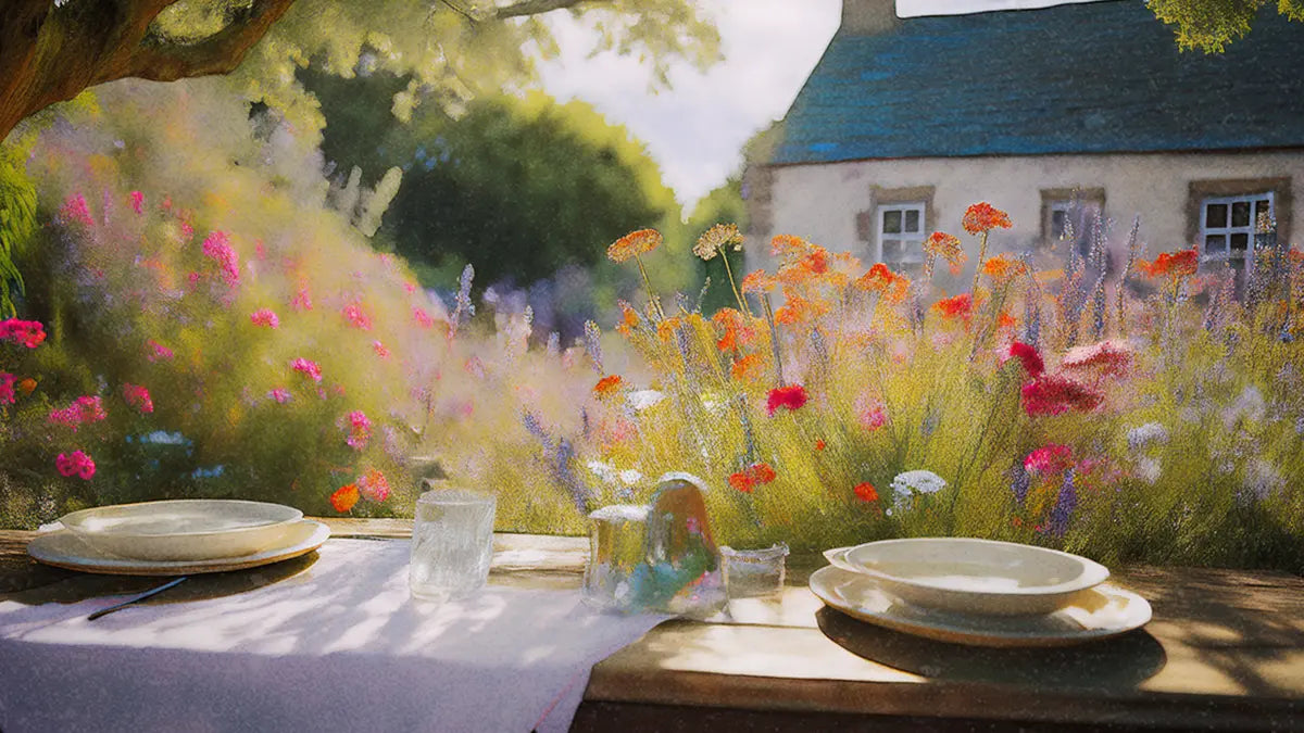 Sunlit Cornish cottage garden at Parkminster, viewed through wildflowers, with a wooden table and fresh linens; inspiration for natural fragrances in candles, reed diffusers, room mists, and bath salts.