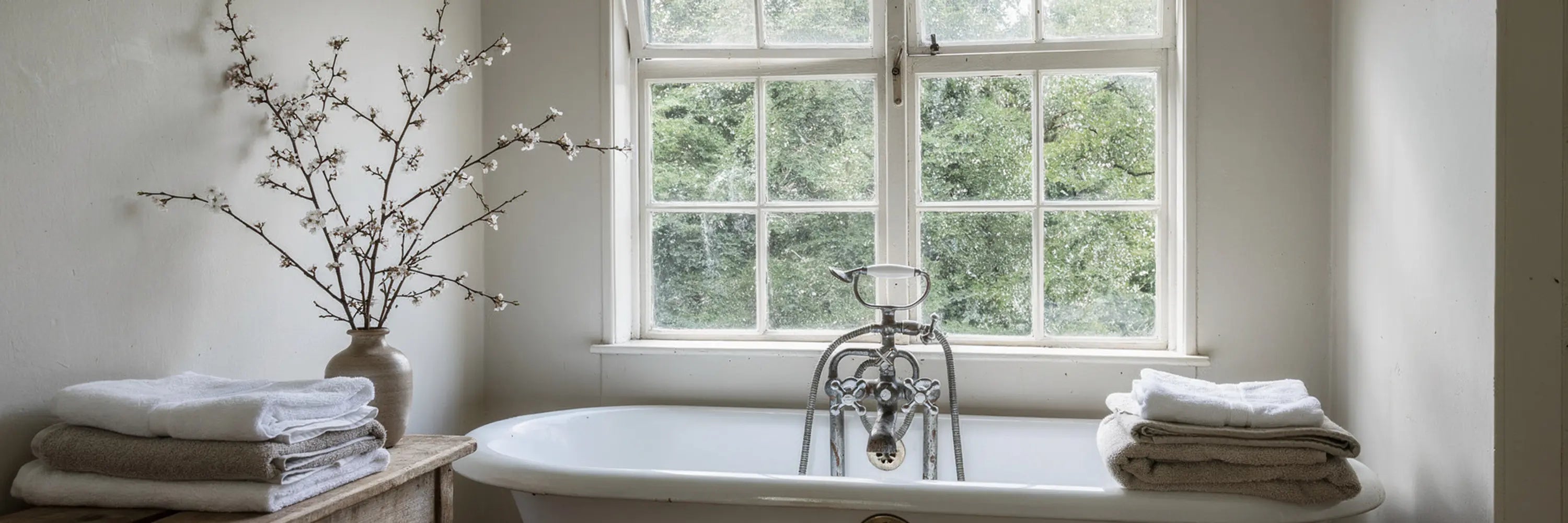 Elegant bathroom styled with Parkminster Blissful Bathroom collection, featuring curated furniture and décor chosen by founder Krystyna to create a serene, luxurious space for relaxing baths.