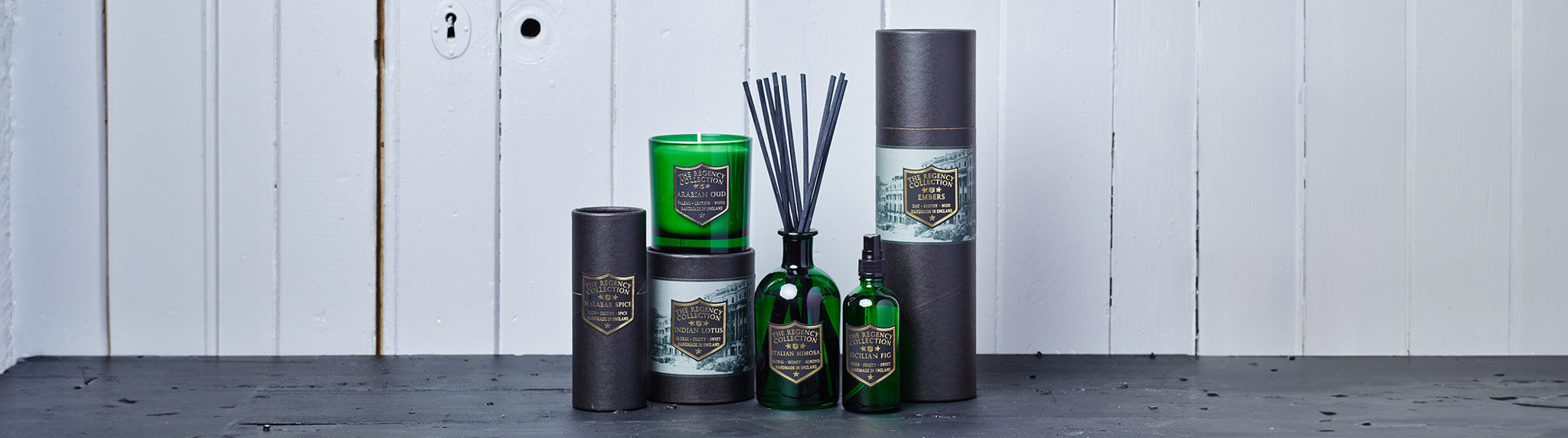 Immerse yourself in the grandeur of the Regency era with Parkminster's Regency Collection. A lavish array of scented candles, room sprays, and reed diffusers, with floral, citrus, spice, sweet, aromatic, and wood fragrances.