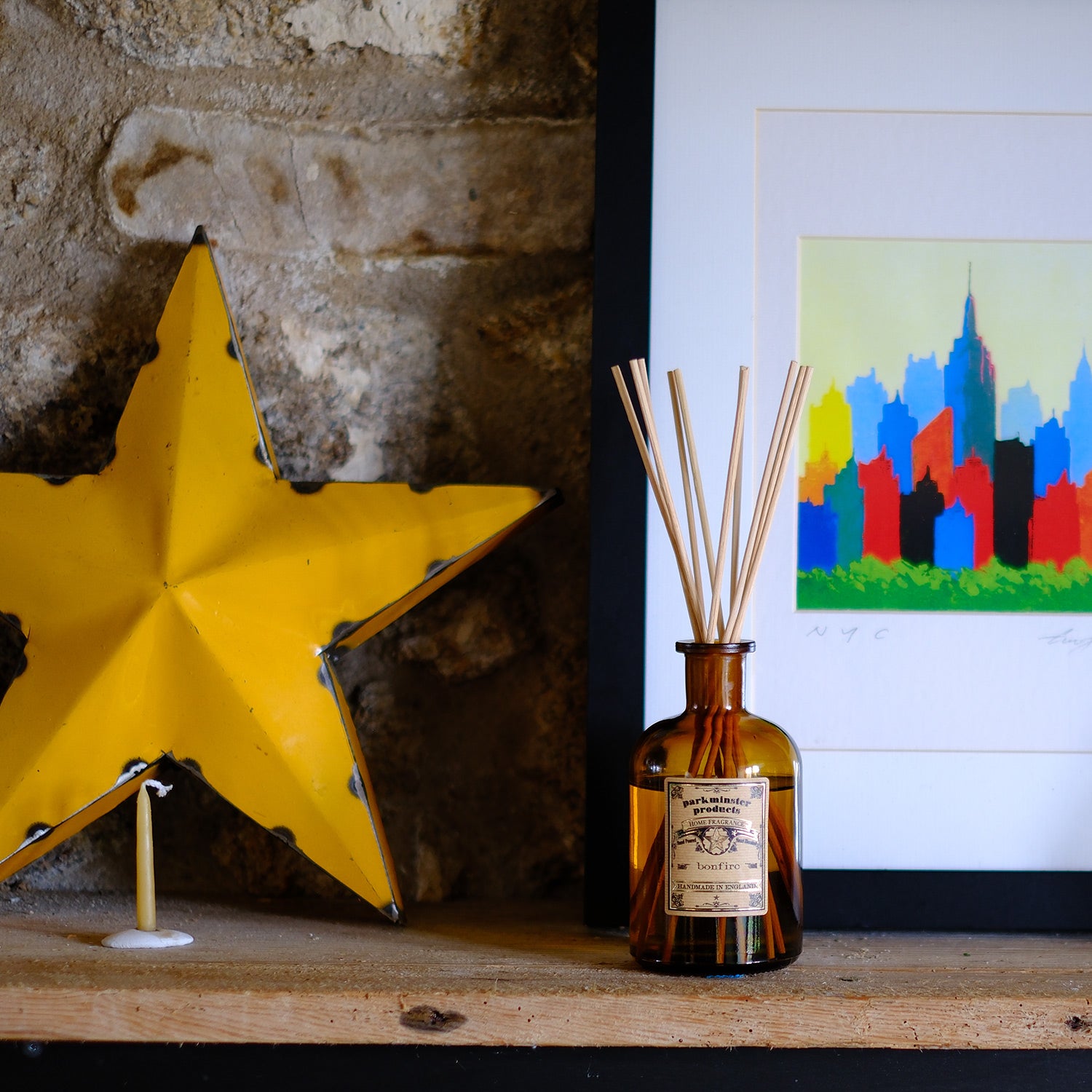 200ml Bonfire Reed Diffuser by Parkminster Home Fragrance, evoking the scent of an autumn wood fire, part of the Apothecary Collection, made in Cornwall