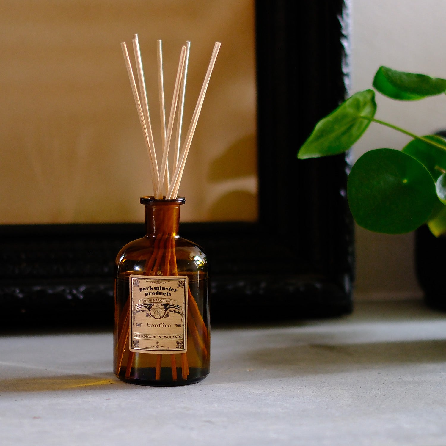 Experience the Bonfire Reed Diffuser from Parkminster, 200ml autumn wood fire fragrance, handcrafted in Cornwall, Apothecary Collection