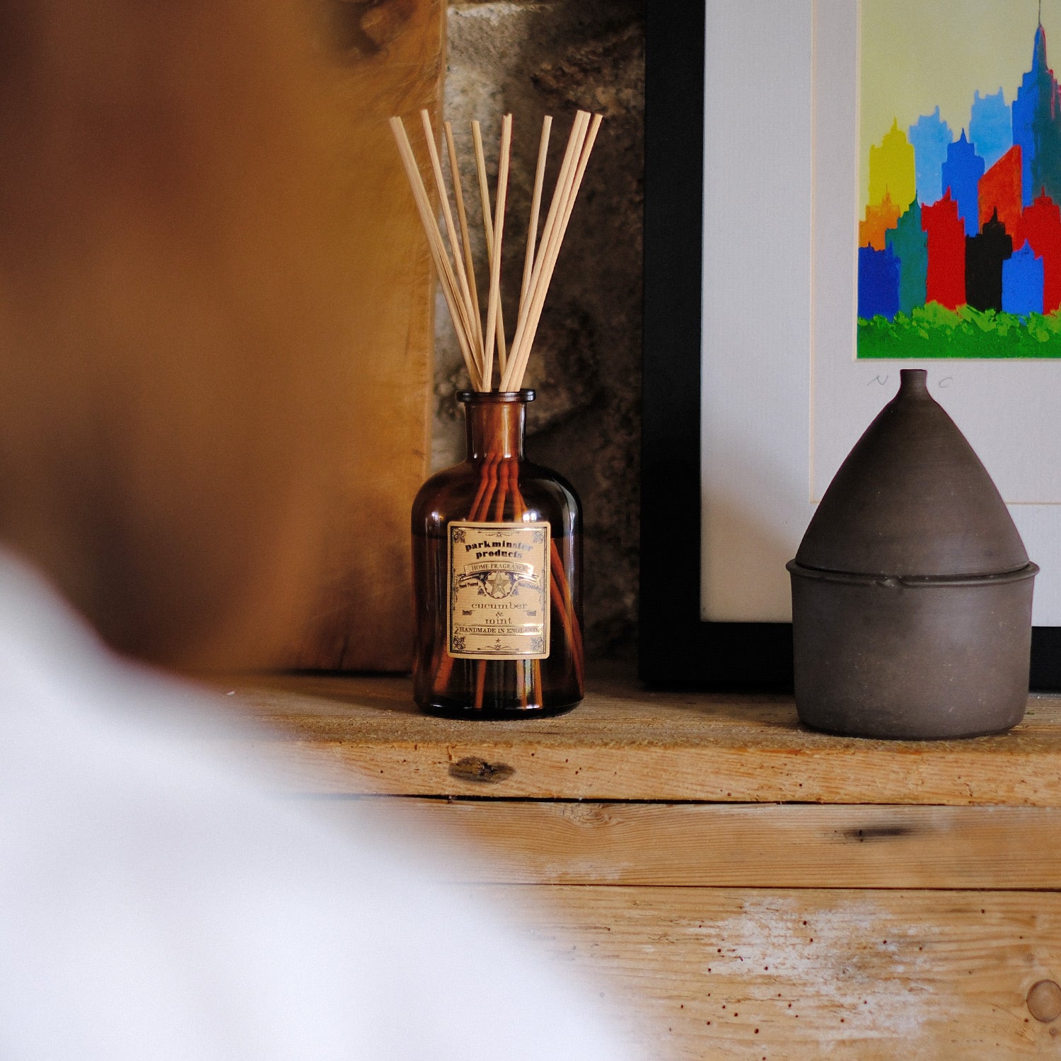 Fresh and herby Cucumber & Mint Reed Diffuser from Parkminster, 200ml amber jar, handmade in Cornwall, part of the Apothecary Collection