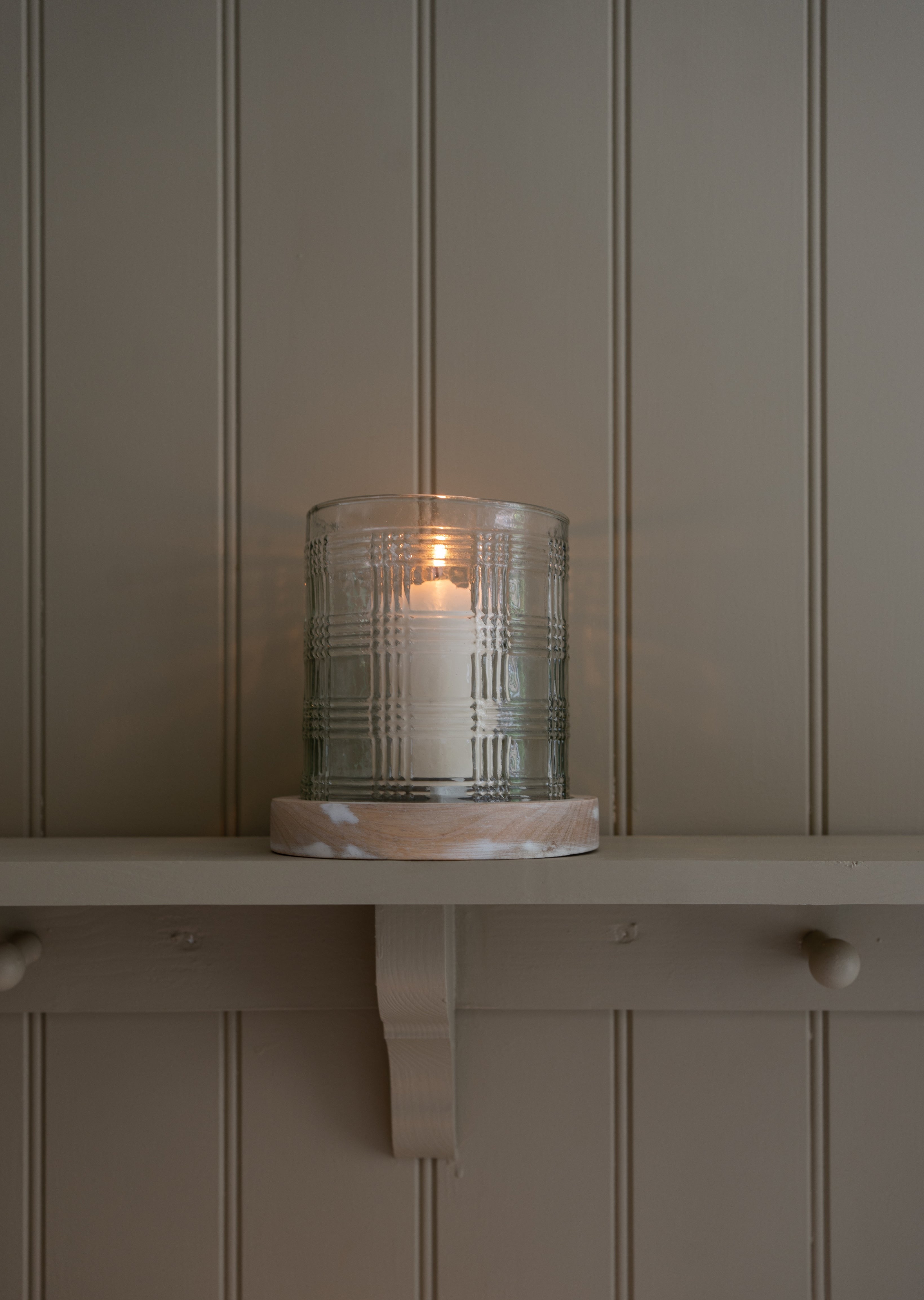 Hand blown moulded glass candle holder with a wooden base. Parkminster Living - our Curated Home Decor, Accessories & Home Fabrics Collections - Scented Candles, Reed Diffusers & Home Fragrance Products - Made in Cornwall