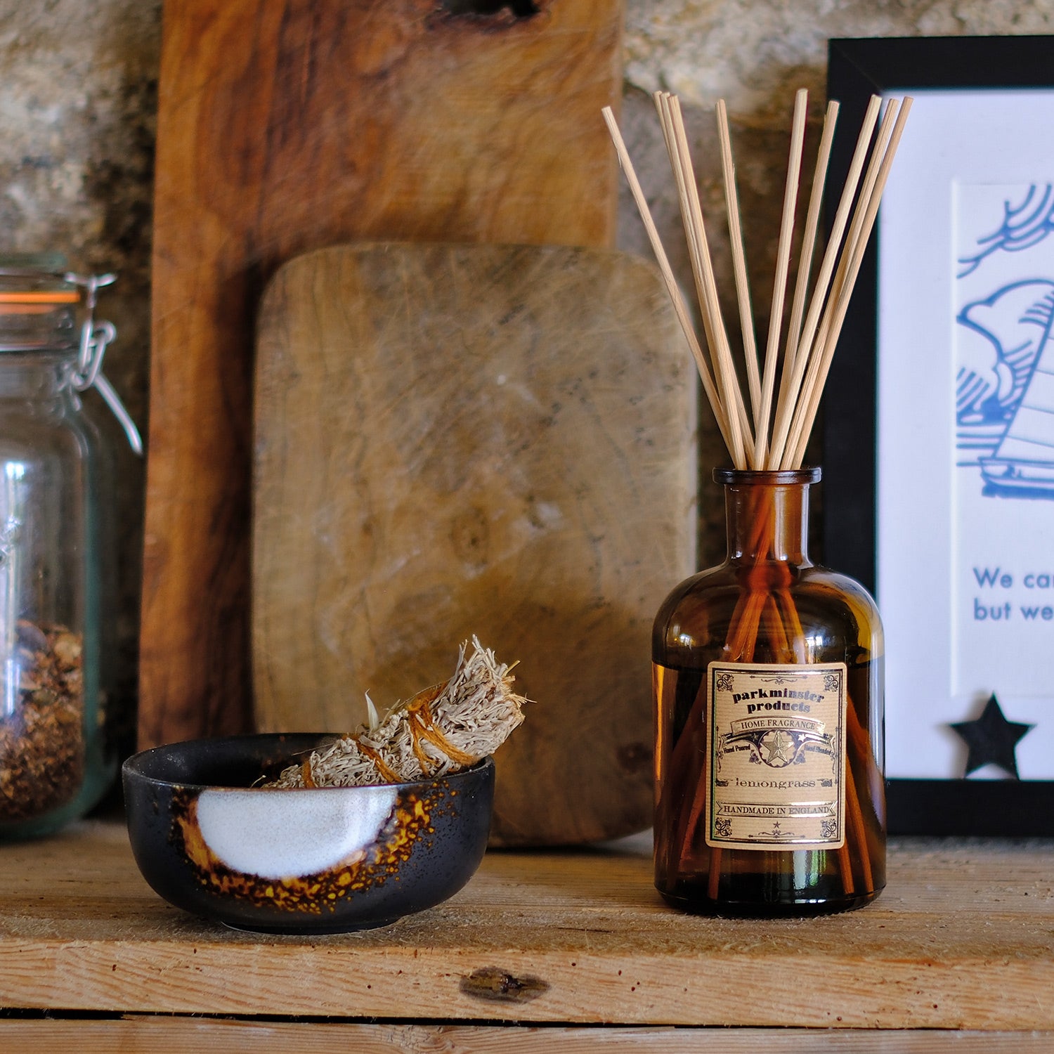 Parkminster Home Fragrance Lemongrass Reed Diffuser, 200ml bottle containing 100% essential oils, fresh and invigorating scent, from the Apothecary Collection, made in Cornwall