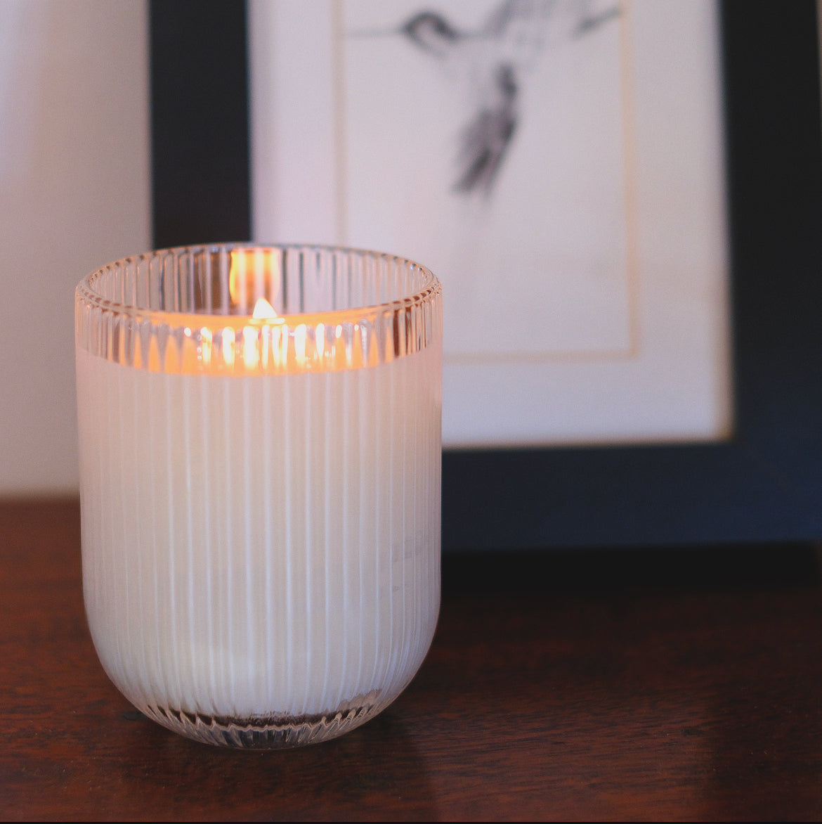 Pomelo & Ginger HÆFEN Candle by Parkminster in signature ribbed glassware, emitting a warm glow and infused with zesty citrus and spicy ginger notes.