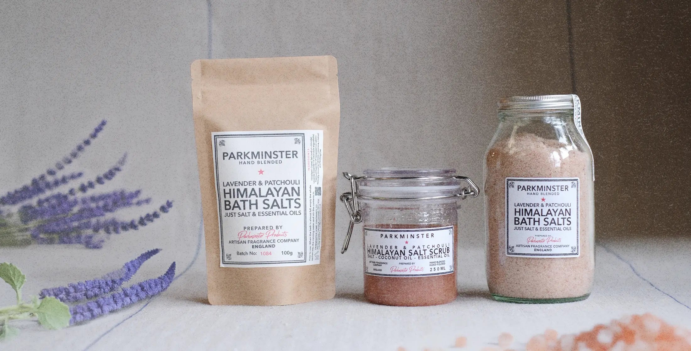 Parkminster natural bath salts and Himalayan rock salt body scrubs made with pure essential oils – botanical bath products for a relaxing and naturally scented bathing ritual.
