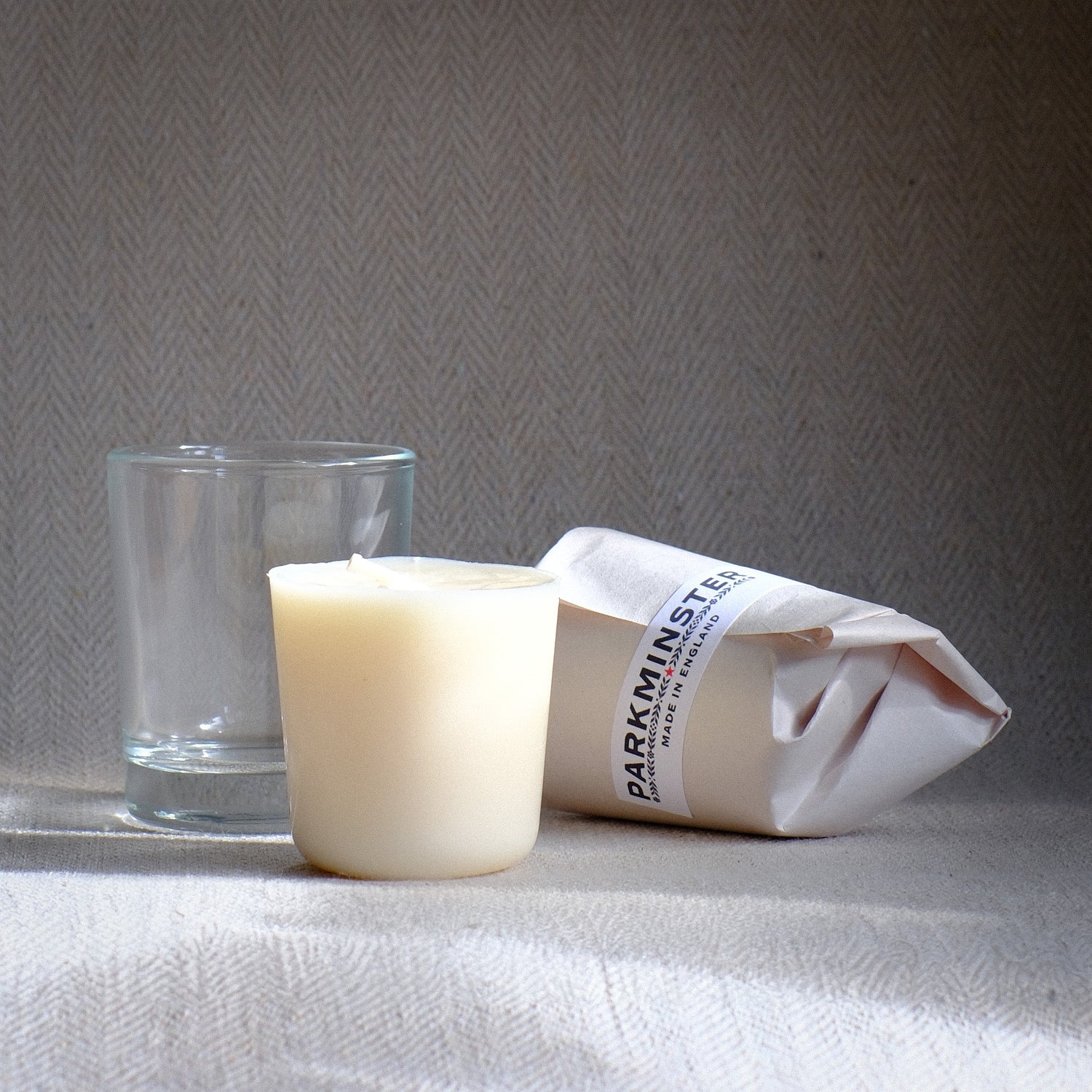 ALT text: "Parkminster 75g Soy Wax Candle Refill, perfect for reusing small 9cl votive glassware from Parkminster Home Fragrance Co or other candle brands like Diptyque. A sustainable way to enjoy your favourite scents while reducing waste."
