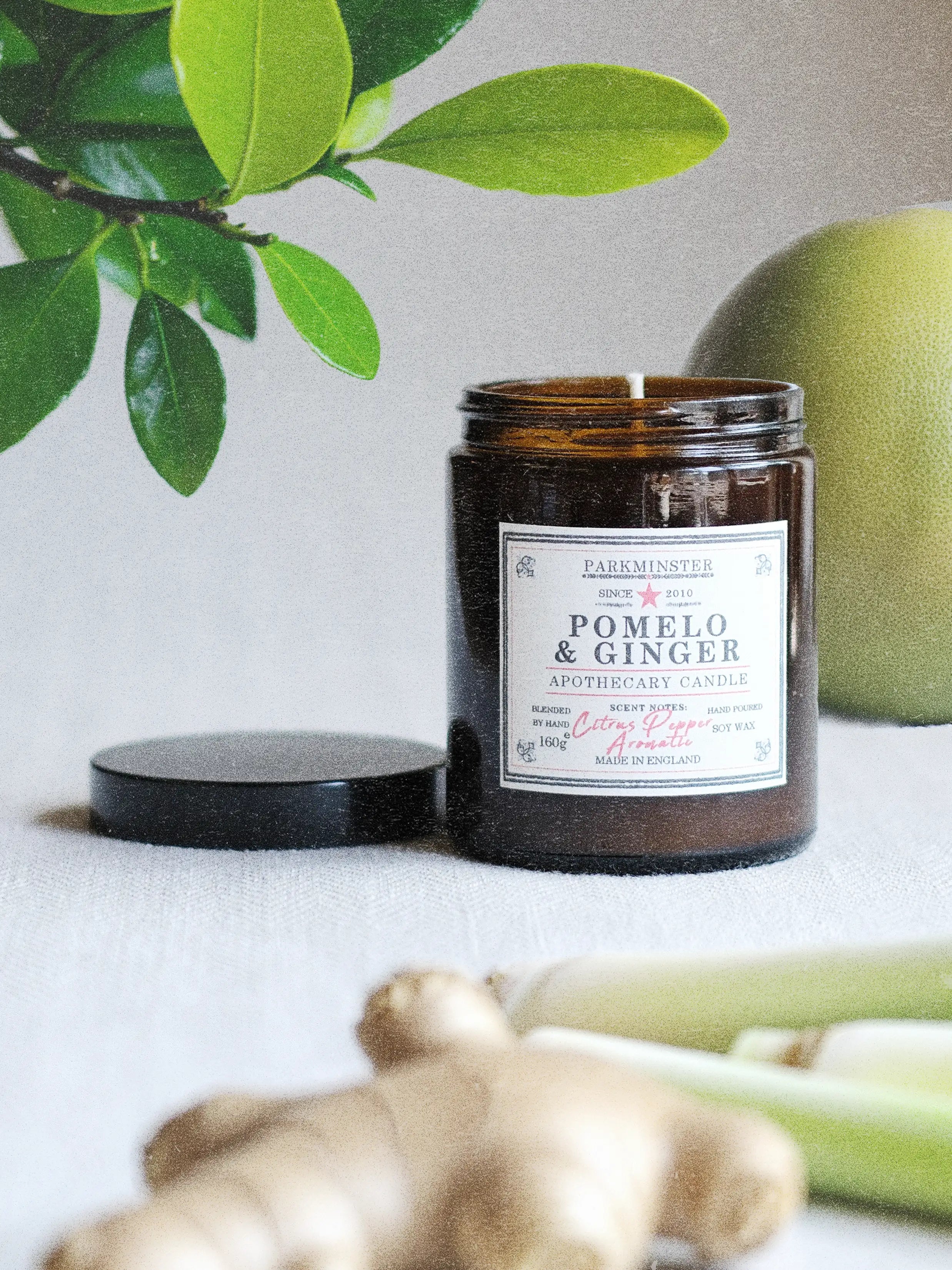 Apothecary jar soy wax candle with pomelo and ginger fragrance placed in a natural setting with soft light and organic textures, highlighting a fresh citrus-inspired candle aesthetic.