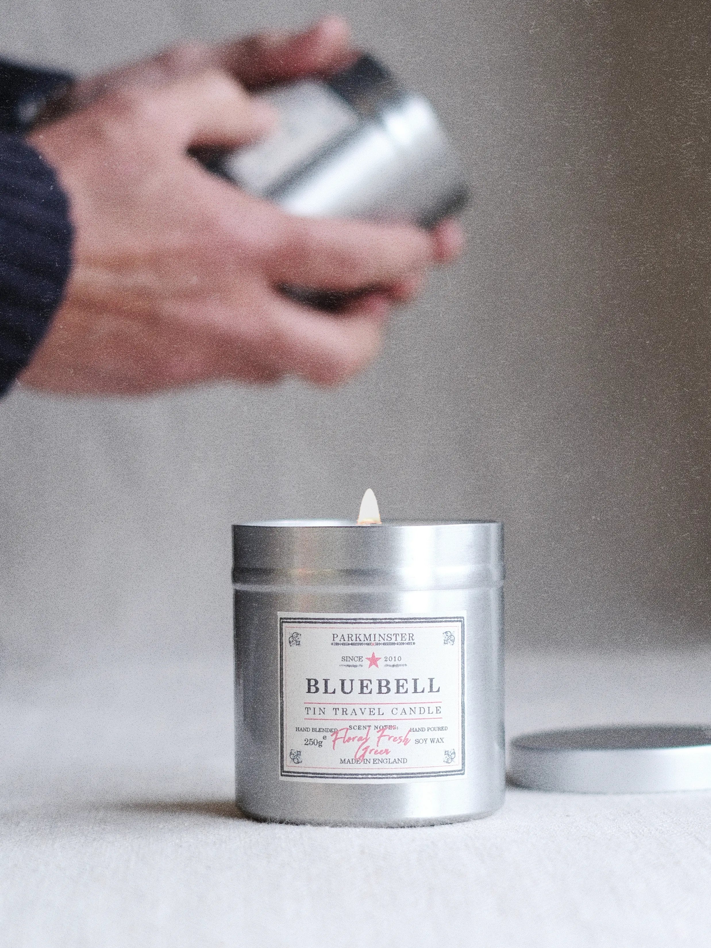 Parkminster Bluebell scented tin candle with natural botanical floral fragrance made with soy wax