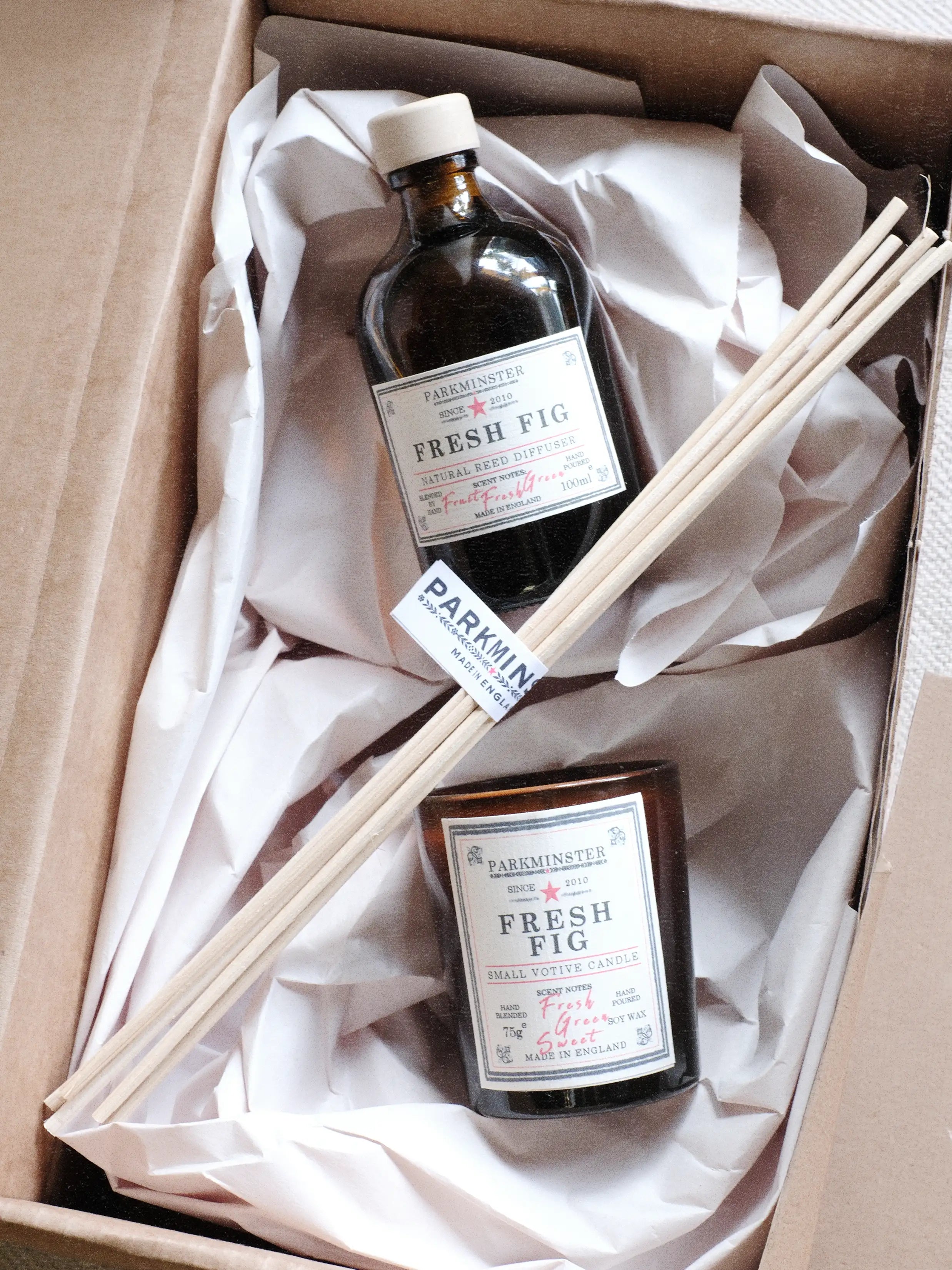 Fresh Fig candle and reed diffuser gift set by Parkminster presented as a luxury candle gift box with natural fruity green fragrance