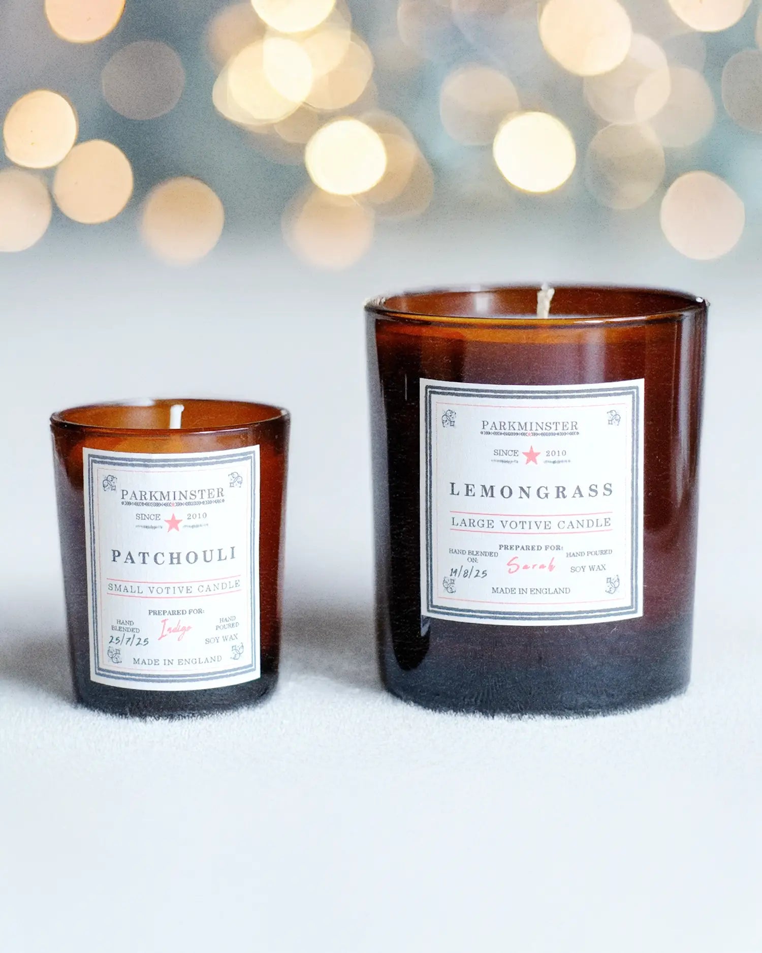 Parkminster Christmas votive candles – one small and one large, handmade natural candle gifts ideal as a thoughtful festive candle present.