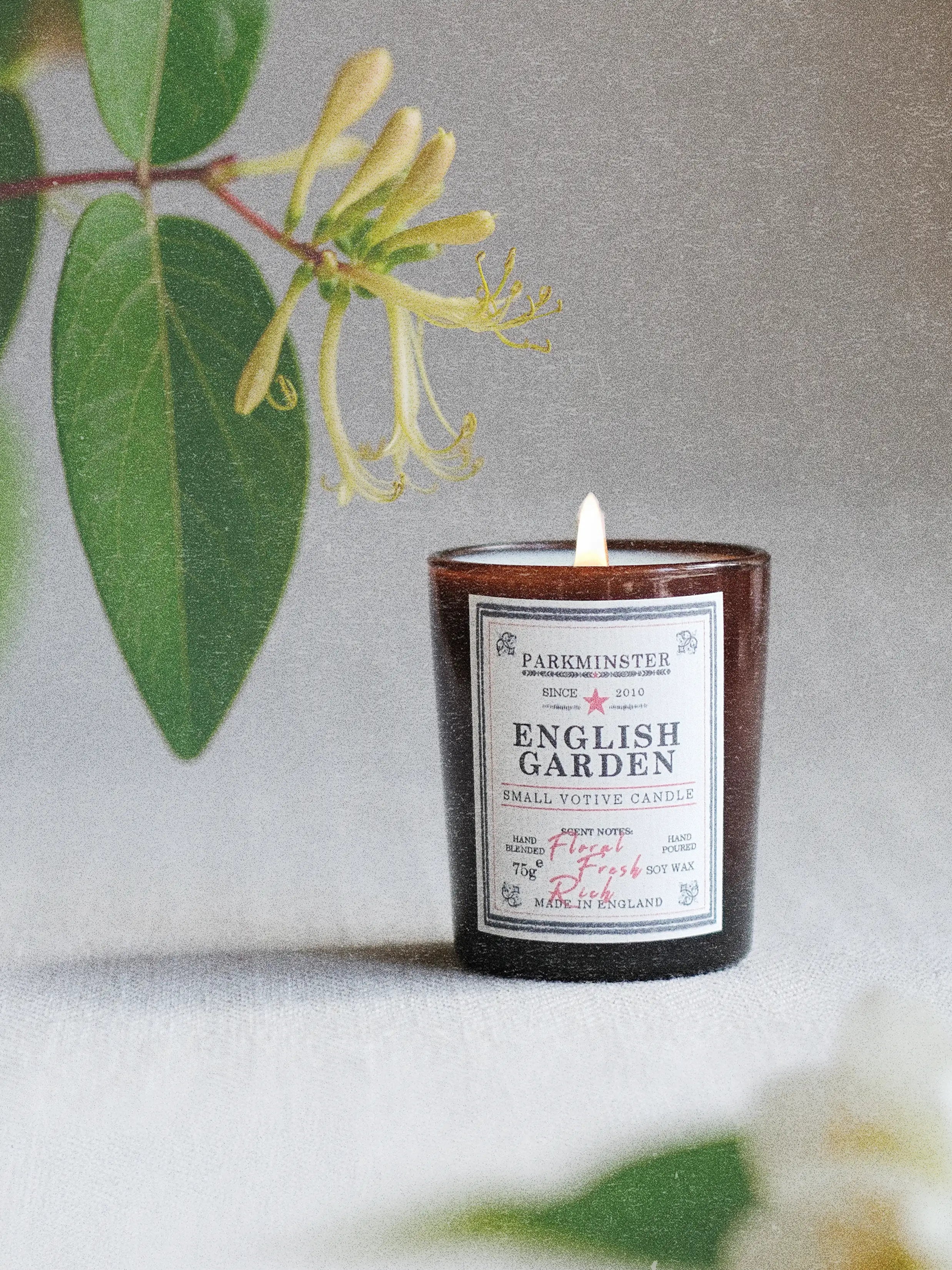 English Garden small votive candle 75g made from soy wax with floral notes of jasmine, honeysuckle and rose, inspired by a warm walled garden in bloom | Parkminster
