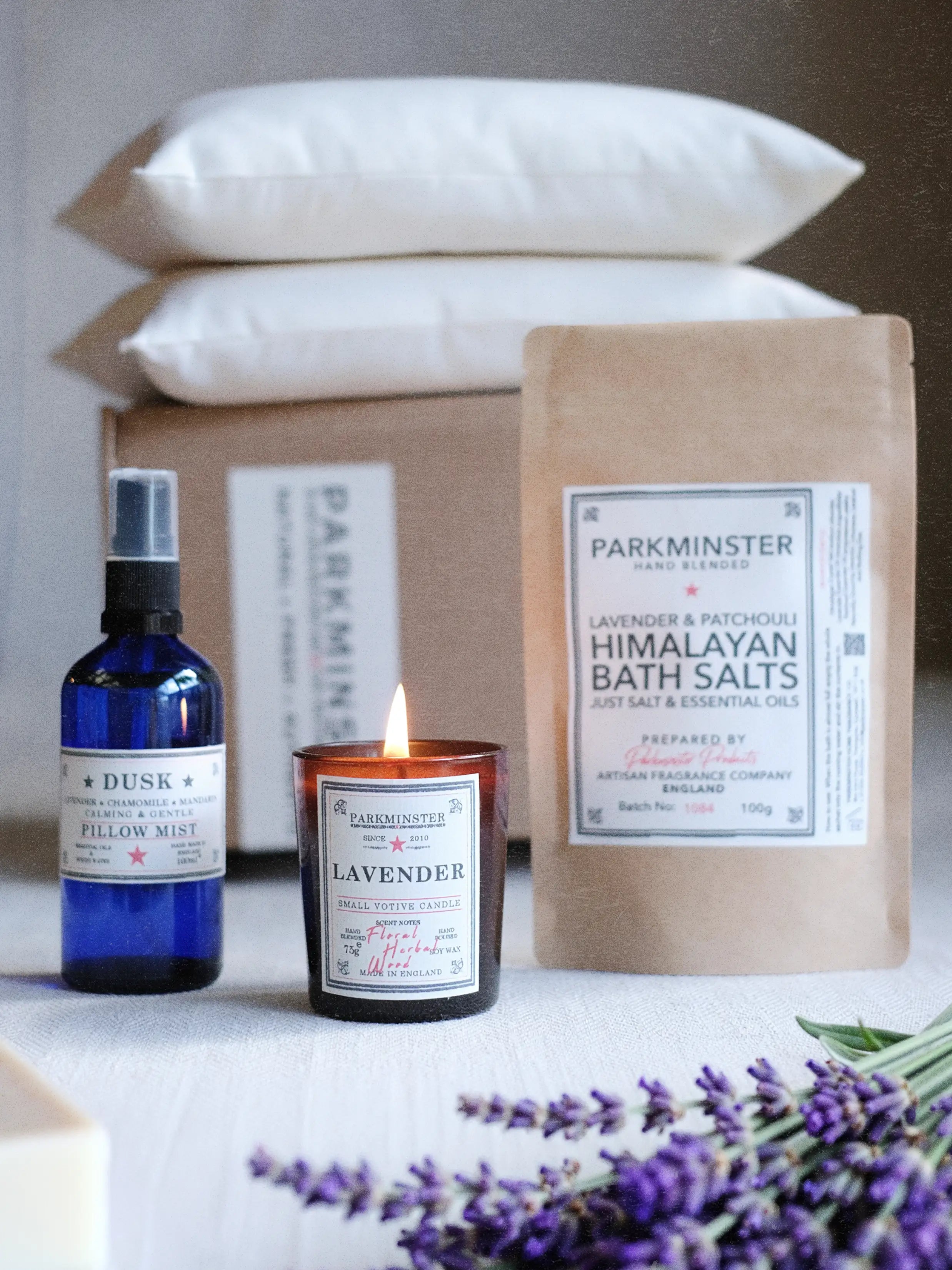 Parkminster Evening Wind-Down Gift Box with lavender candle, pillow mist and bath salts for relaxation, self-care and restful sleep