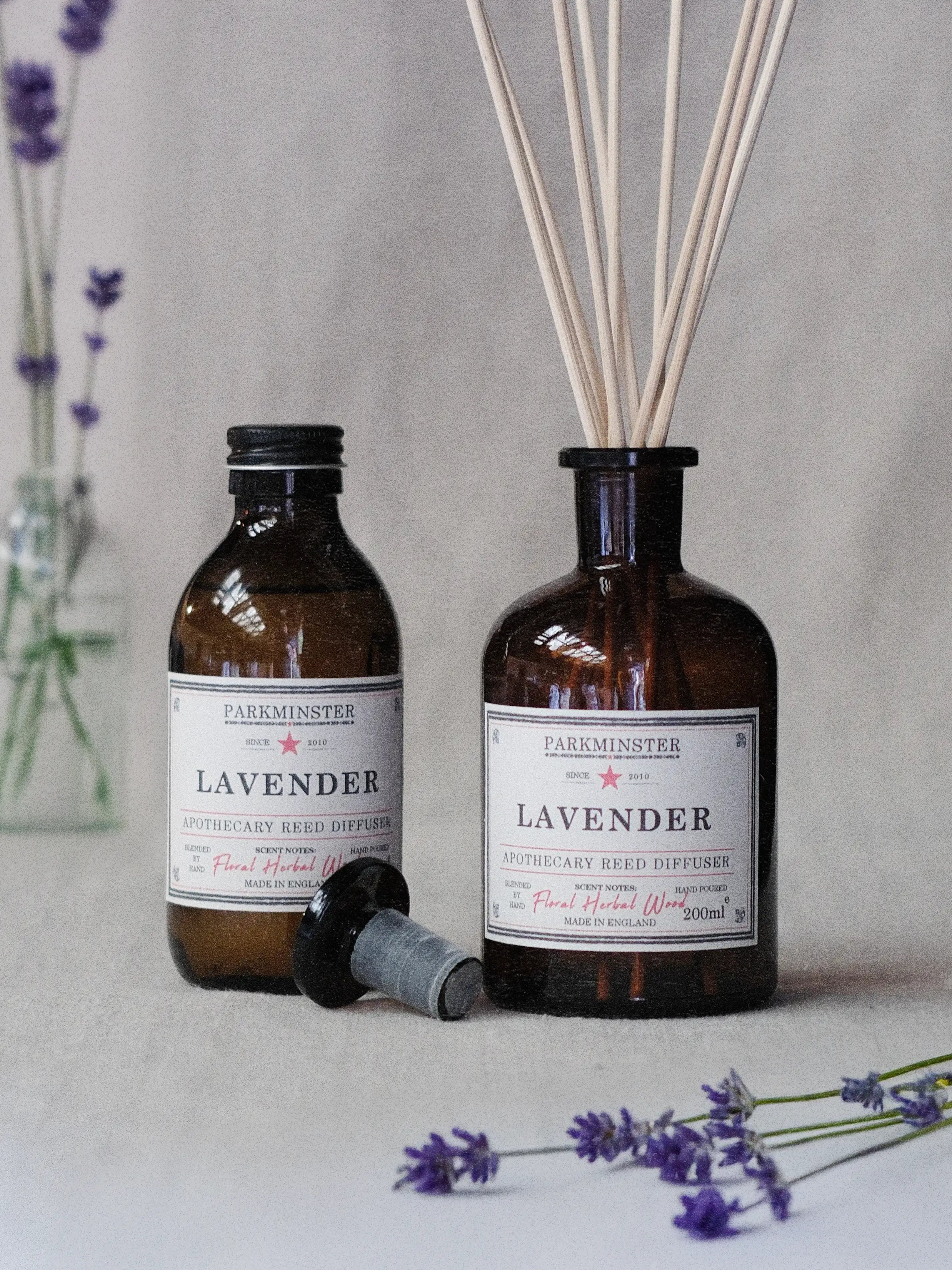 a Parkminster Lavender essential oil reed diffuser made with 100 percent lavender oils and plant-based base, natural calming floral fragrance for home interiors