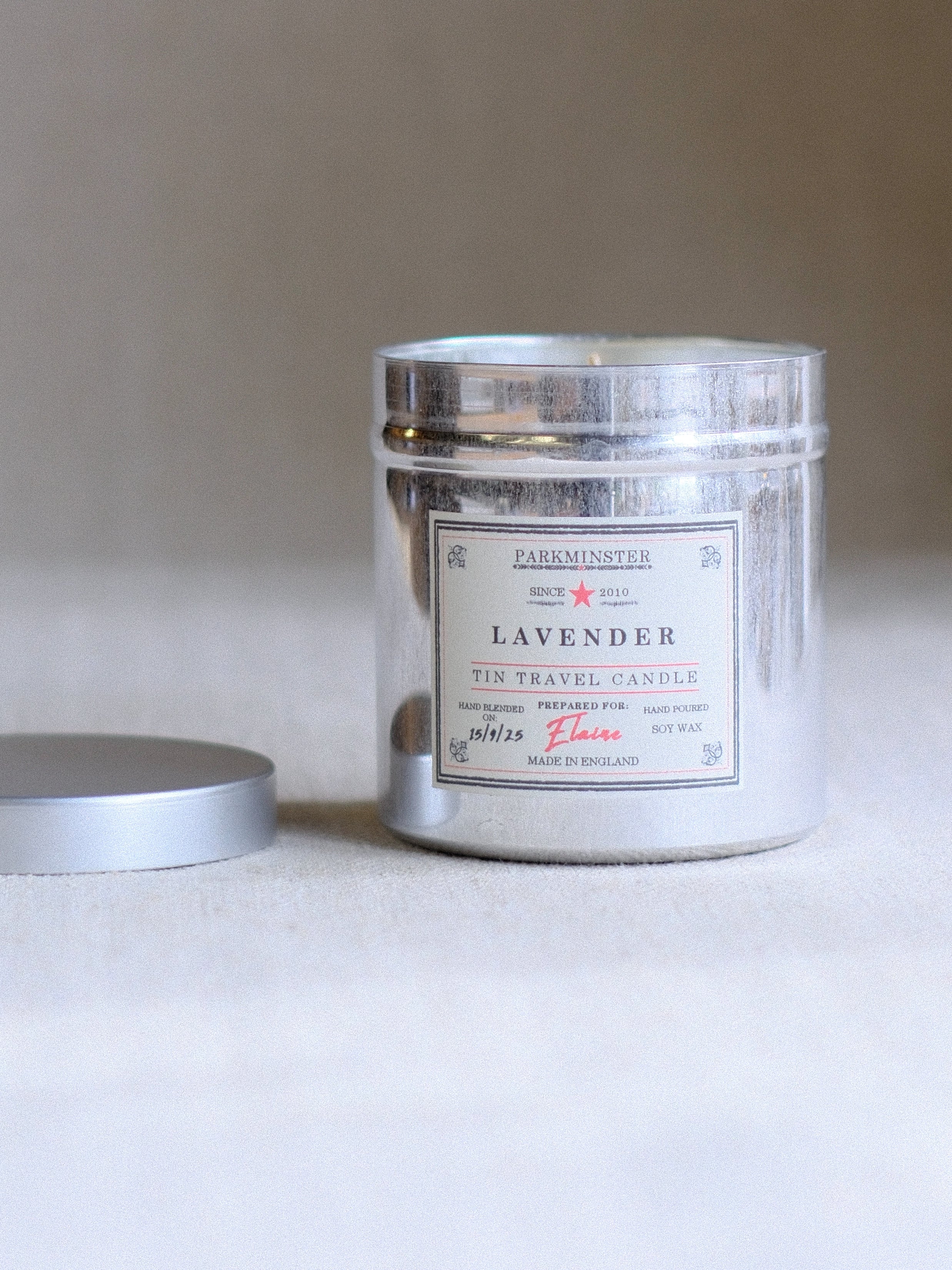 Lavender Essential Oil Tin Candle 280g – calming natural soy wax candle by Parkminster, relaxing floral fragrance