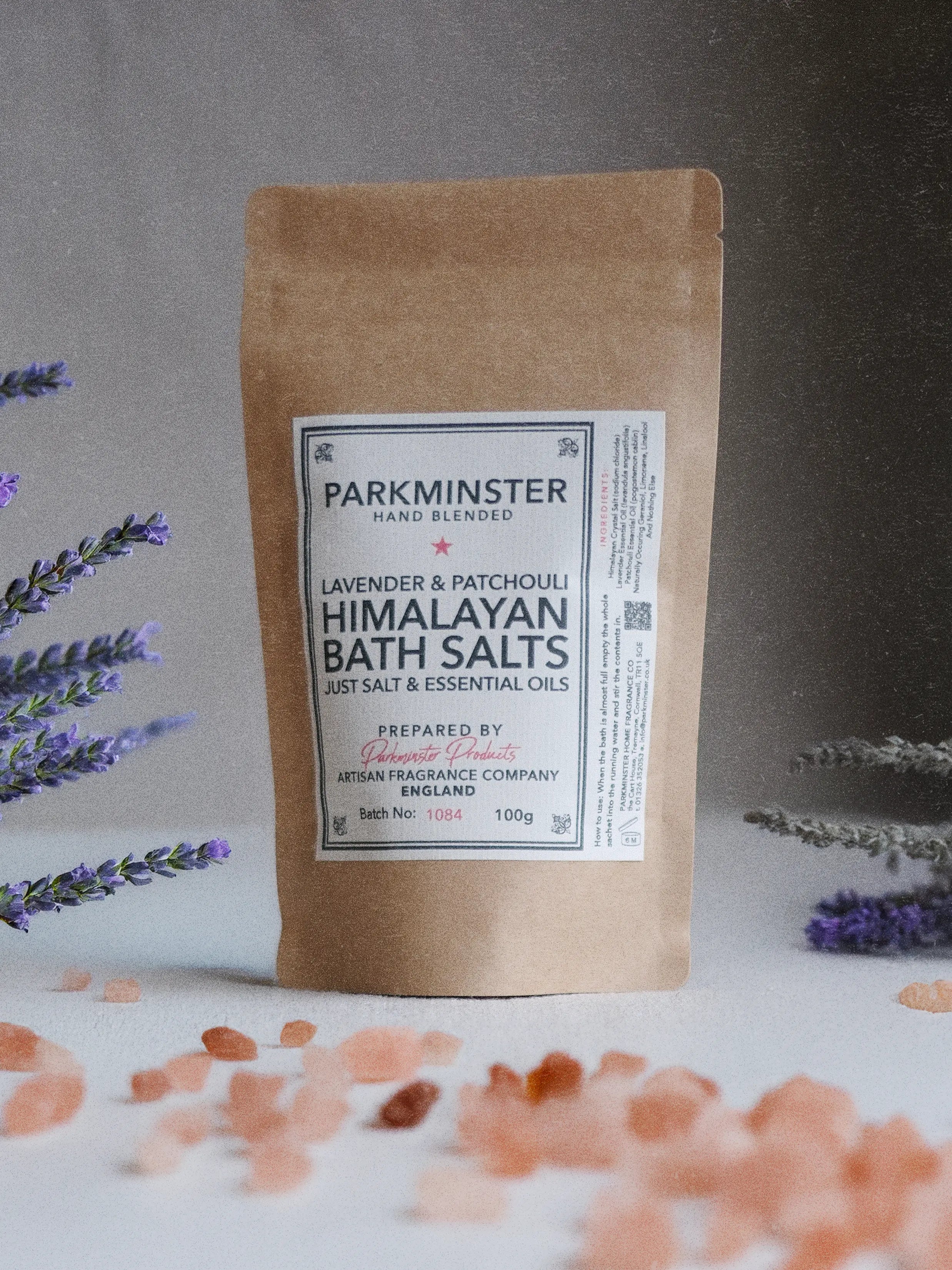 Lavender & Patchouli Bath Salt Sachet 100g in kraft paper pack. Just Essential Oils