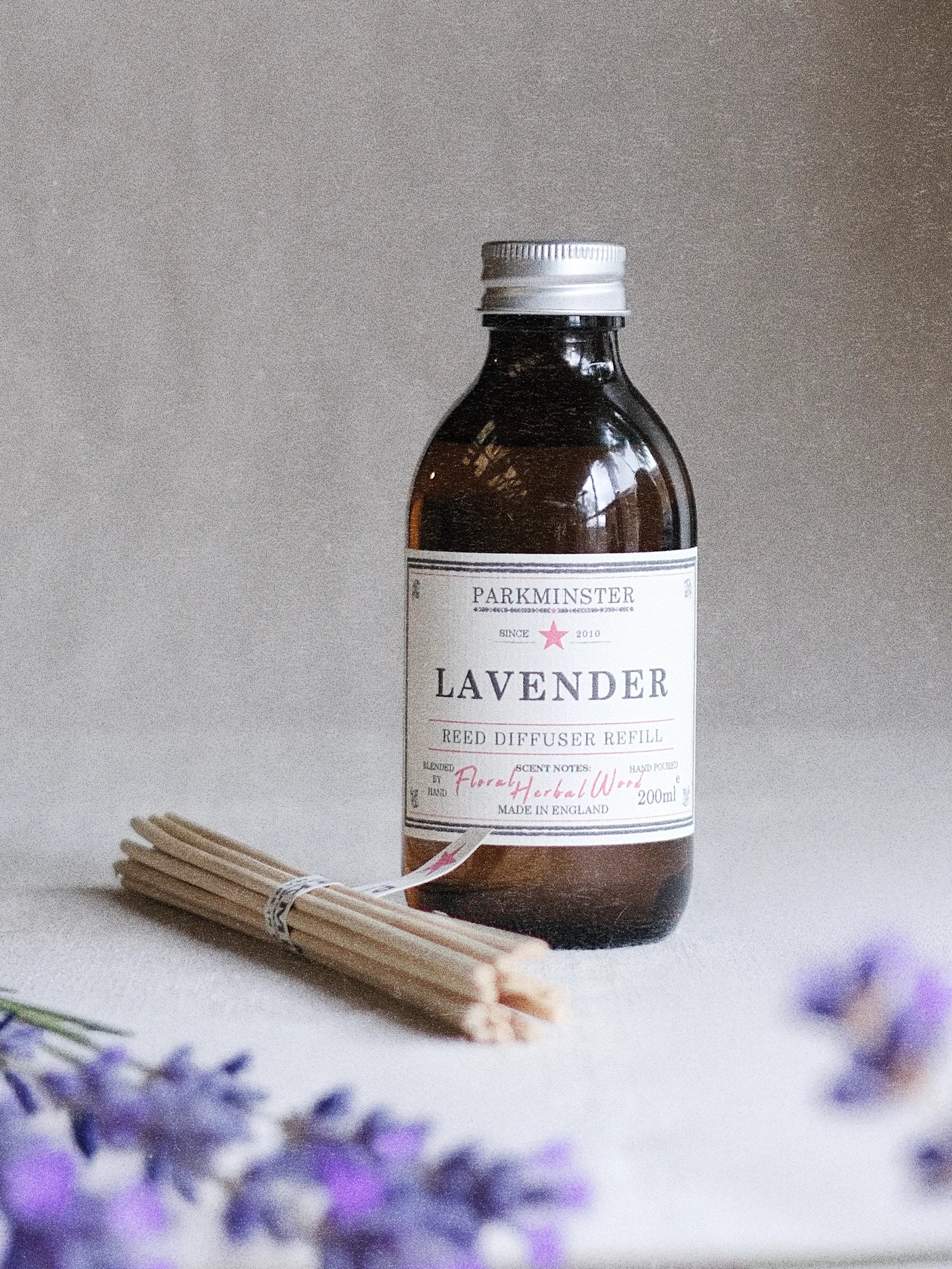 a Natural Lavender Reed Diffuser Refill by Parkminster, 100% essential oil fragrance with free rattan reeds, perfect for refilling any reed diffuser bottle or as a thoughtful gift
