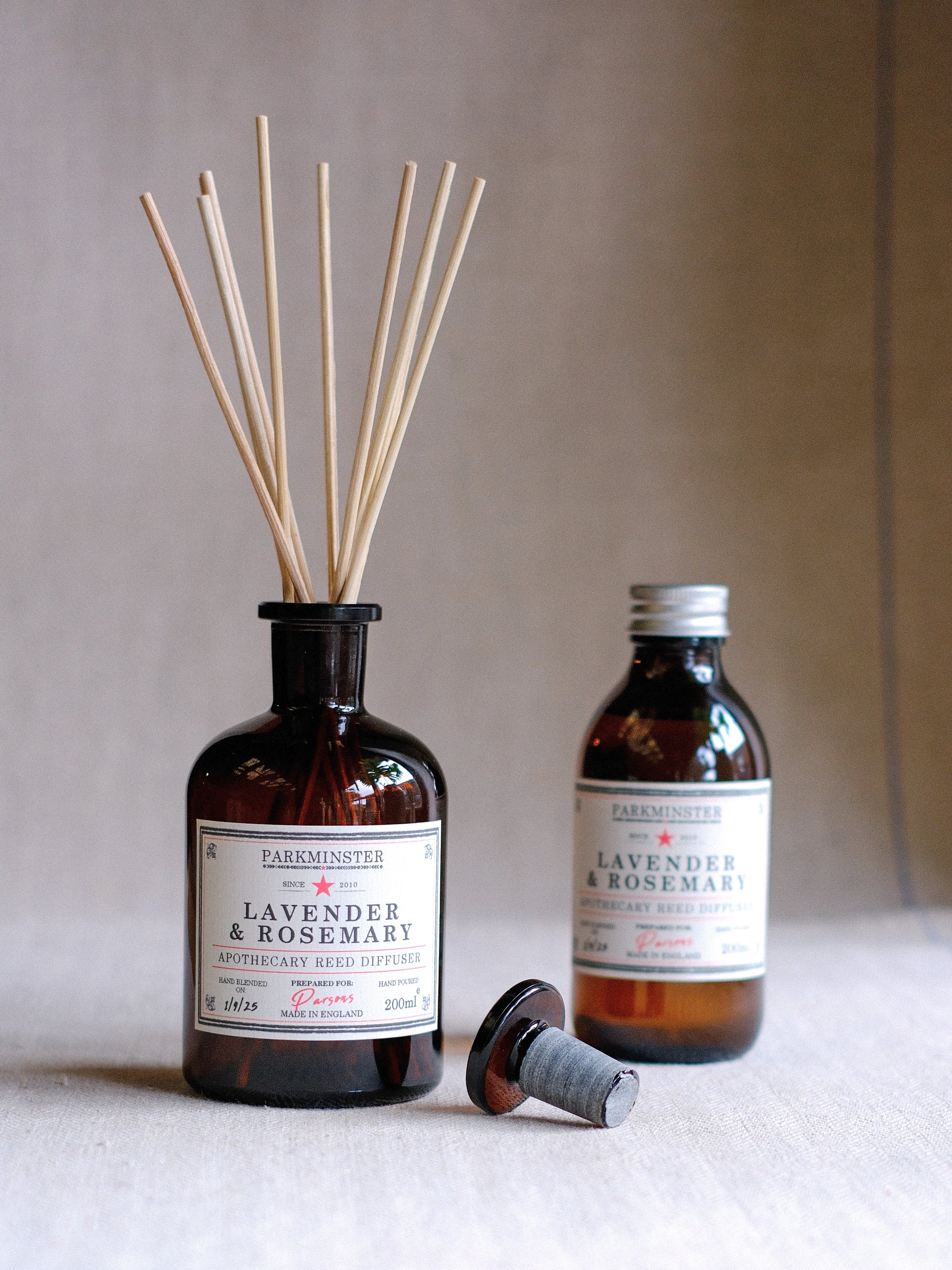 Lavender & Rosemary Apothecary Reed Diffuser 200ml – natural home fragrance with essential oils in amber glass bottle.