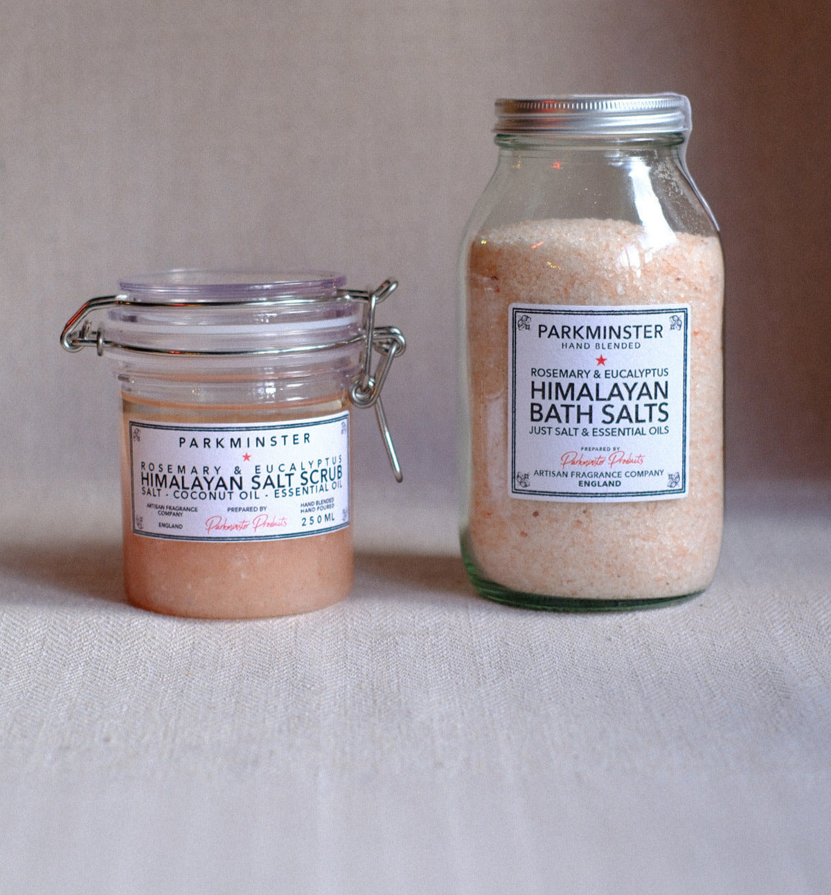 Natural Parkminster Bath Salts and Body Scrubs, crafted with Himalayan salts and essential oils, free from chemicals and additives
