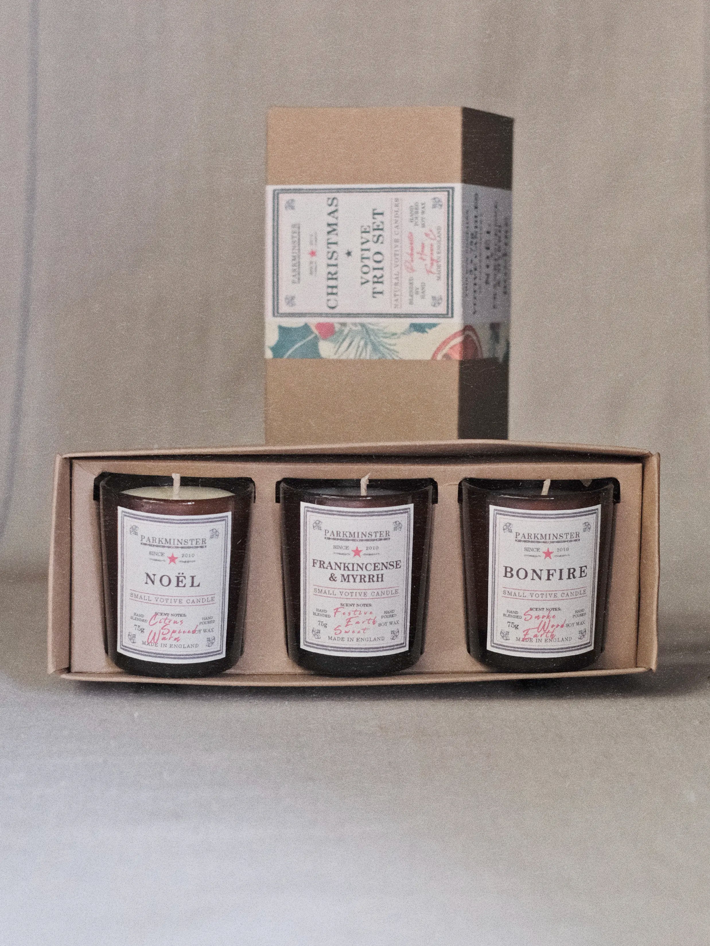 Natural Christmas Votive Trio Candle Present by Parkminster – handmade soy wax candles in festive fragrances, a perfect Christmas candle gift.