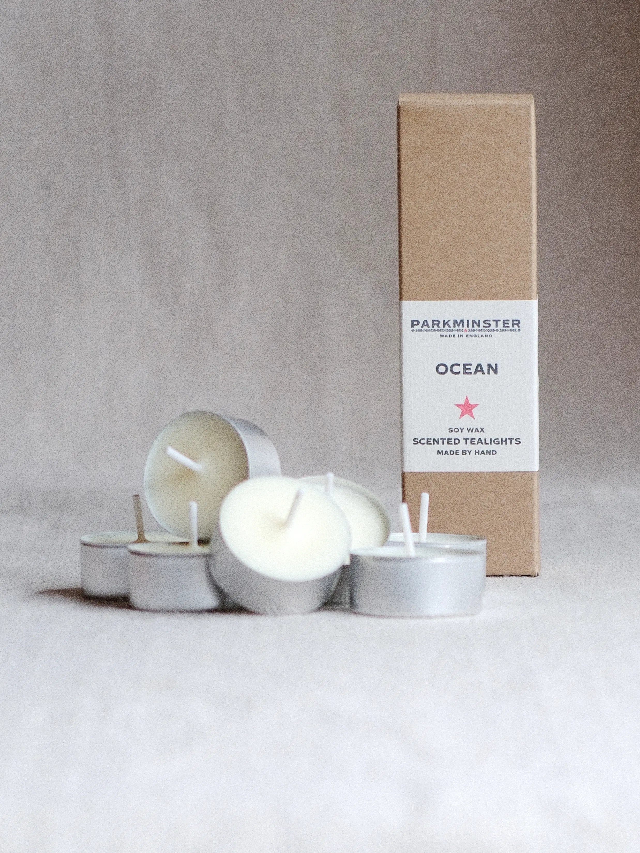 Ocean scented soy wax tealight candles with sea salt, juniper and cedar fragrance – handmade natural tealights by Parkminster