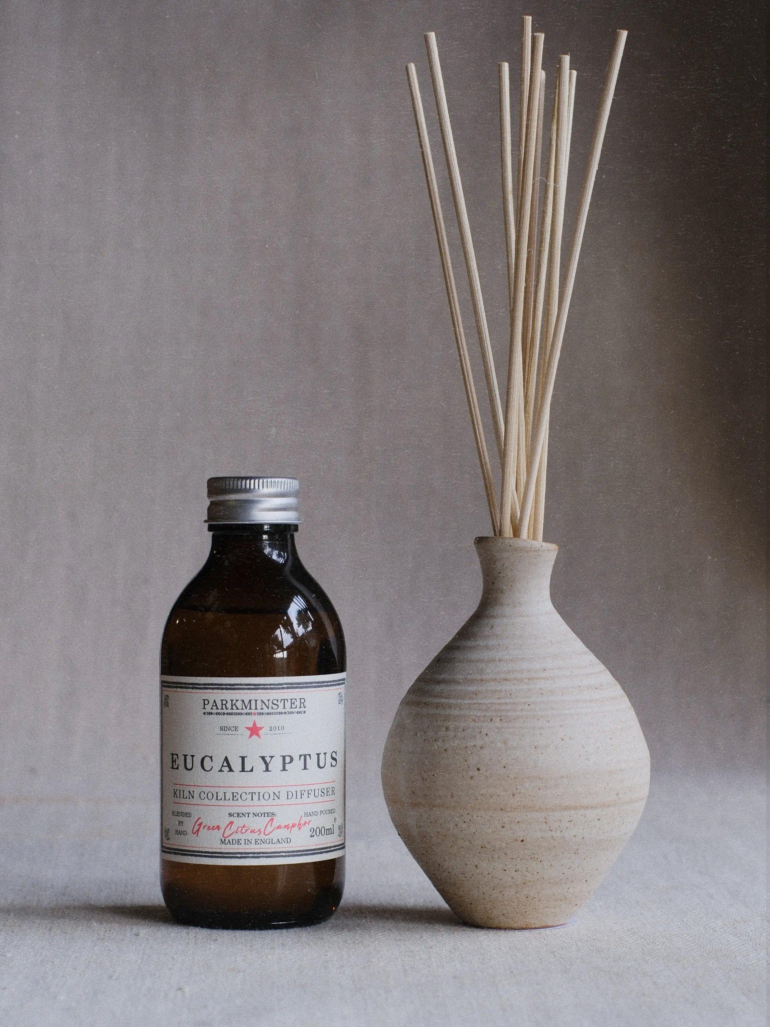 Parkminster Ceramic Pot Reed Diffuser in Eucalyptus essential oil blend – fresh, herbal, and invigorating natural home fragrance in artisan ceramic pot.