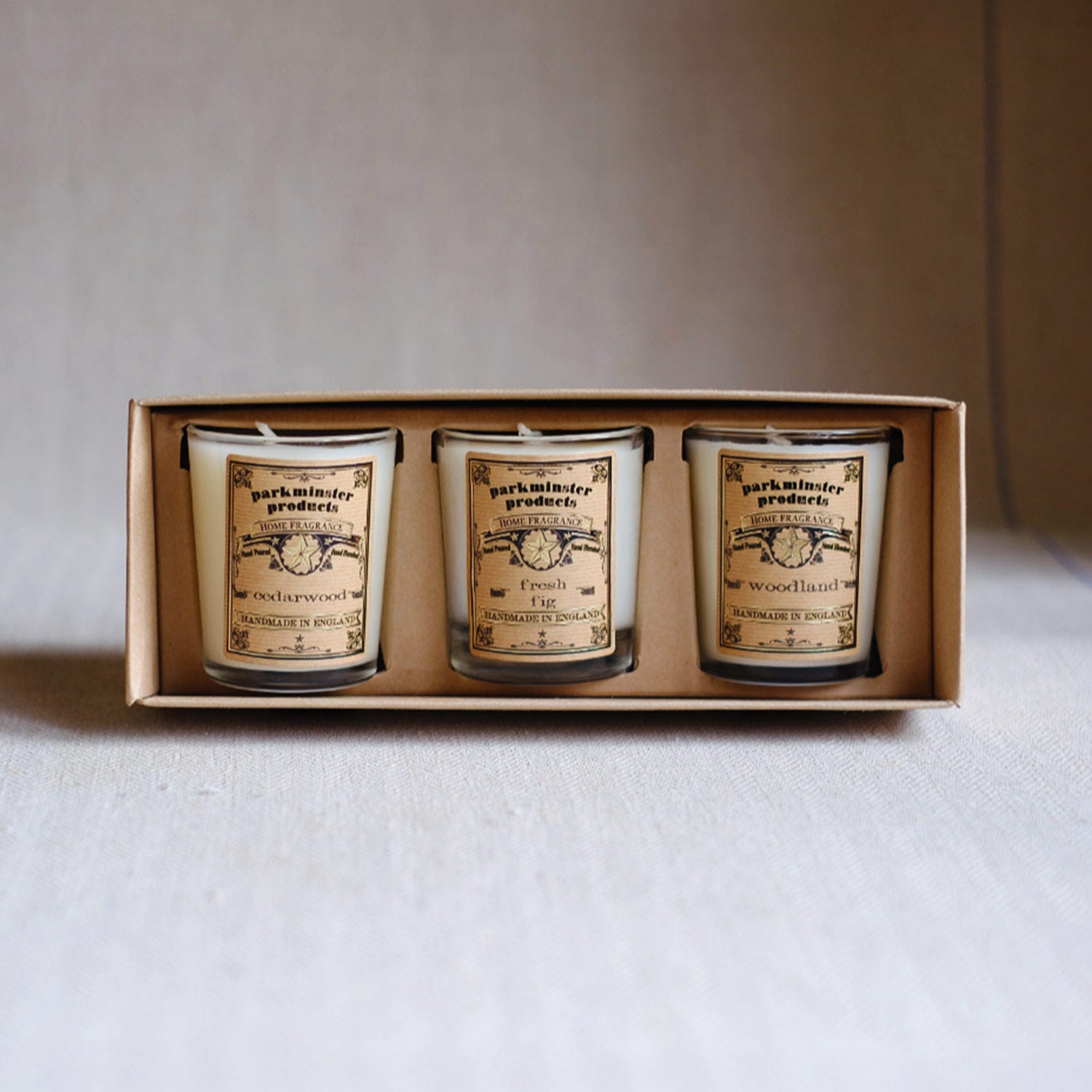 Parkminster Autumn Candle Gift Set – Handmade Soy Wax Candles in Cedarwood, Fresh Fig, and Woodland, Perfect for Cosy Evenings.