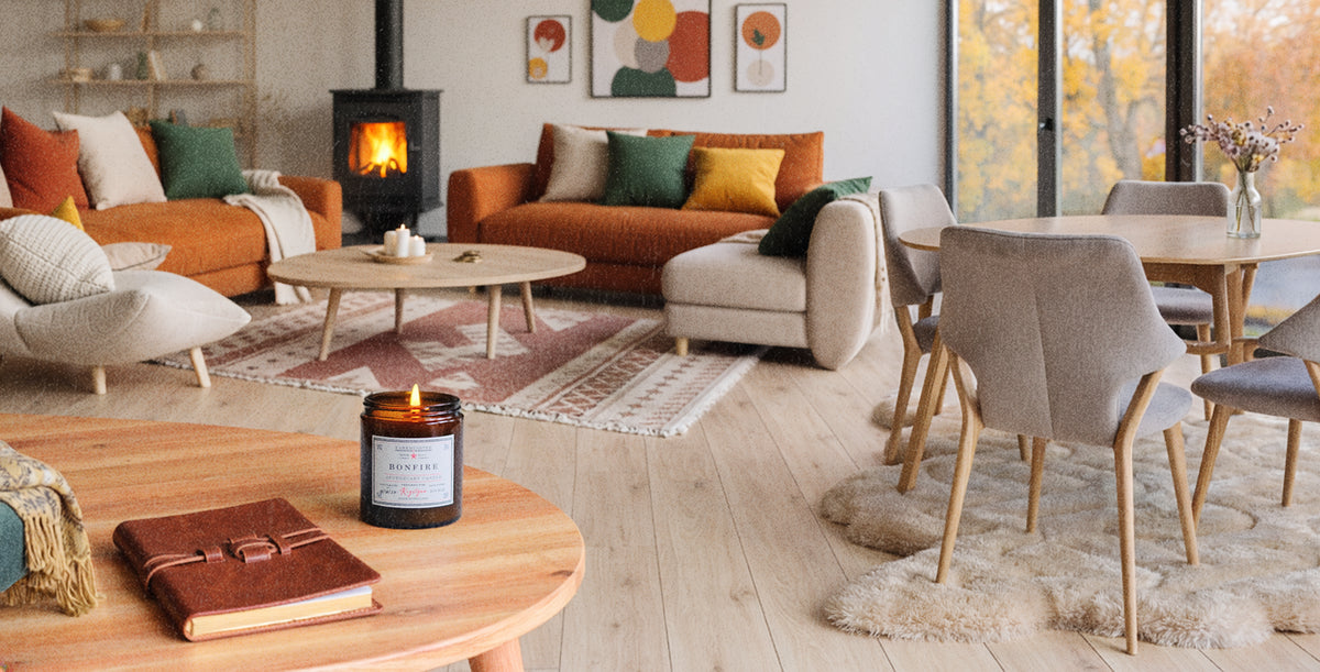 Parkminster Bonfire Apothecary Candle with rich autumn fragrance notes of smoke, wood and earth.