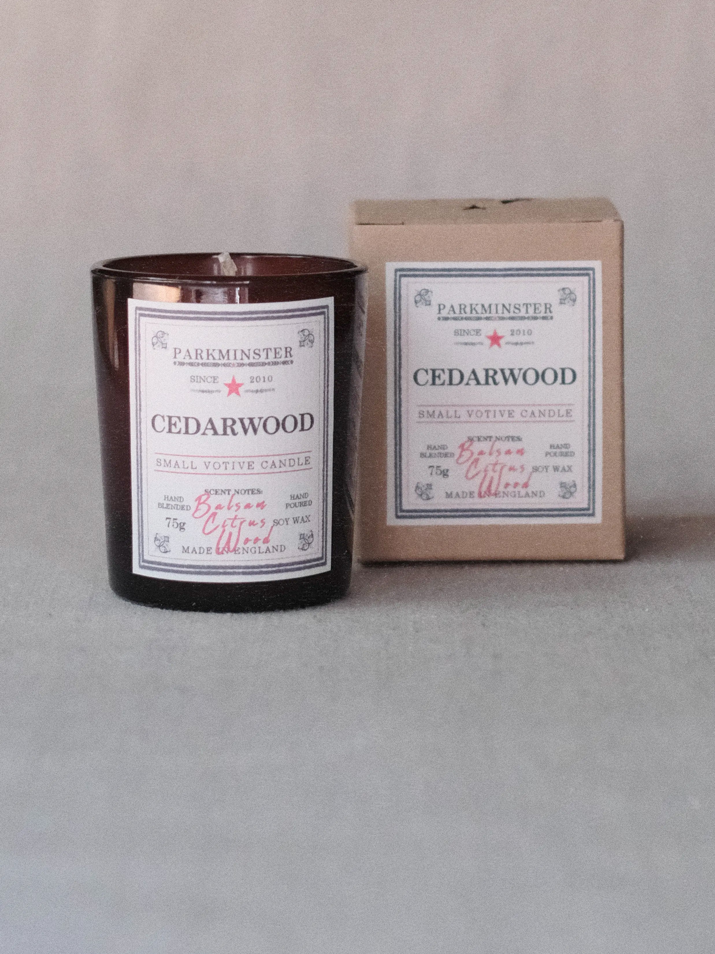 Parkminster Cedarwood Small Votive Candle 75 g – natural soy wax candle with rich cedarwood fragrance and warm, earthy woody notes.