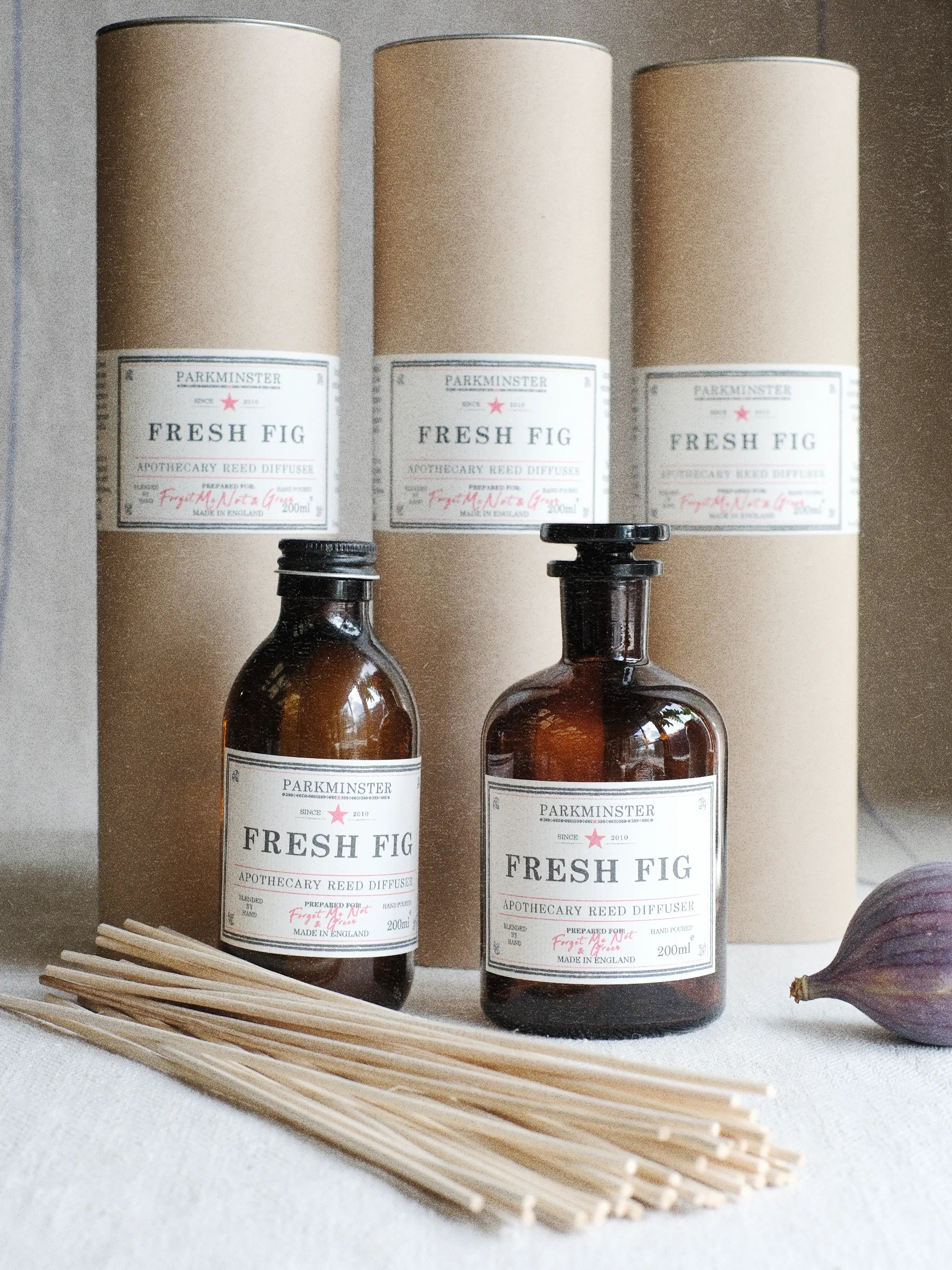 Parkminster Fresh Fig apothecary reed diffuser in amber glass jar with natural plant-based base and fruity green fig fragrance for fresh modern interiors