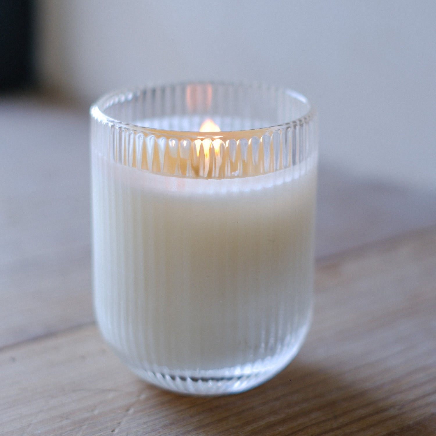 Parkminster Lavender HAVEN Candle in ribbed glassware, offering a delicate floral fragrance with herbal and woody notes for a calming, serene atmosphere.