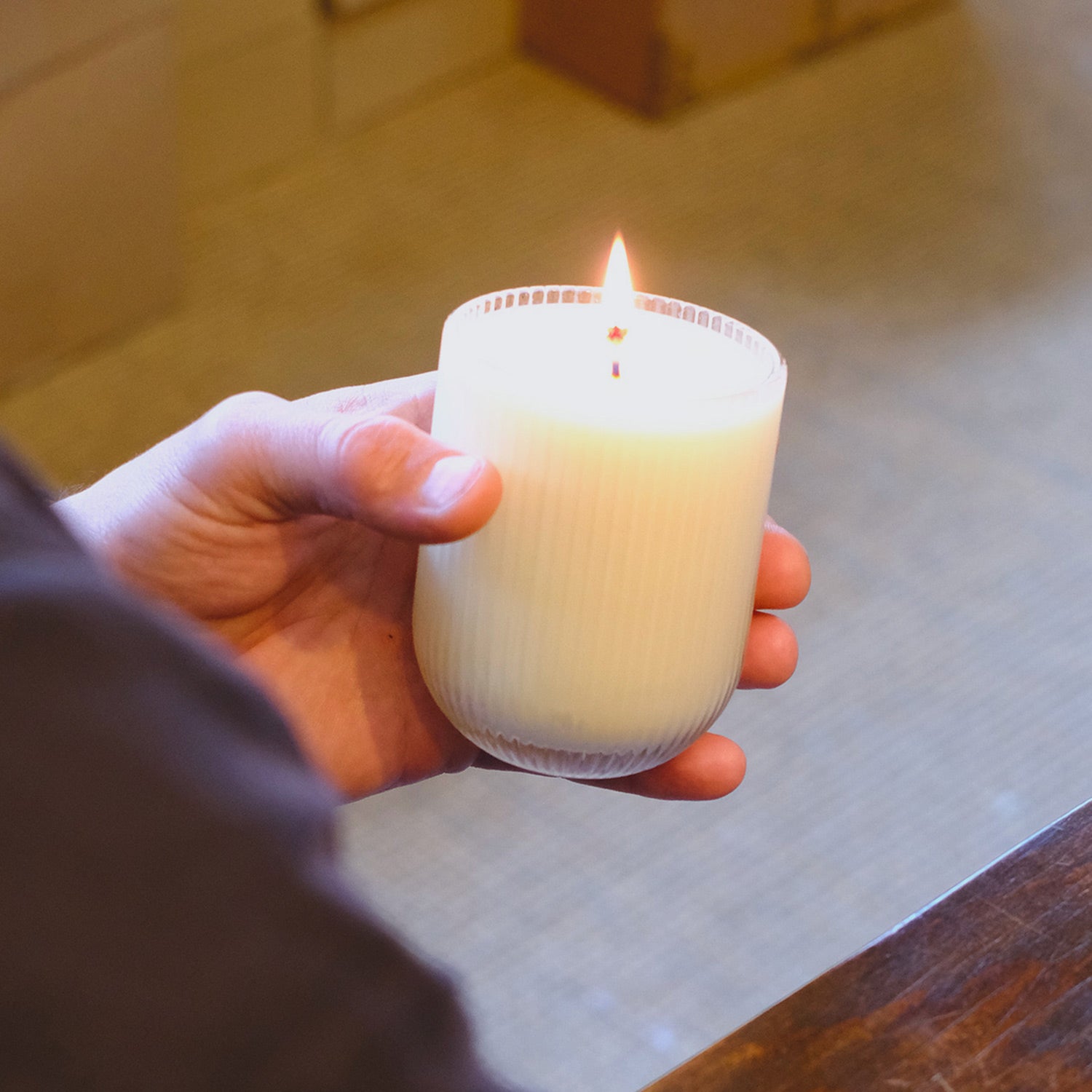 Parkminster Orange Blossom HAVEN scented candle in ribbed glass, featuring floral, citrus, and smoky notes for a soothing, uplifting atmosphere. Perfect for refreshing your space.