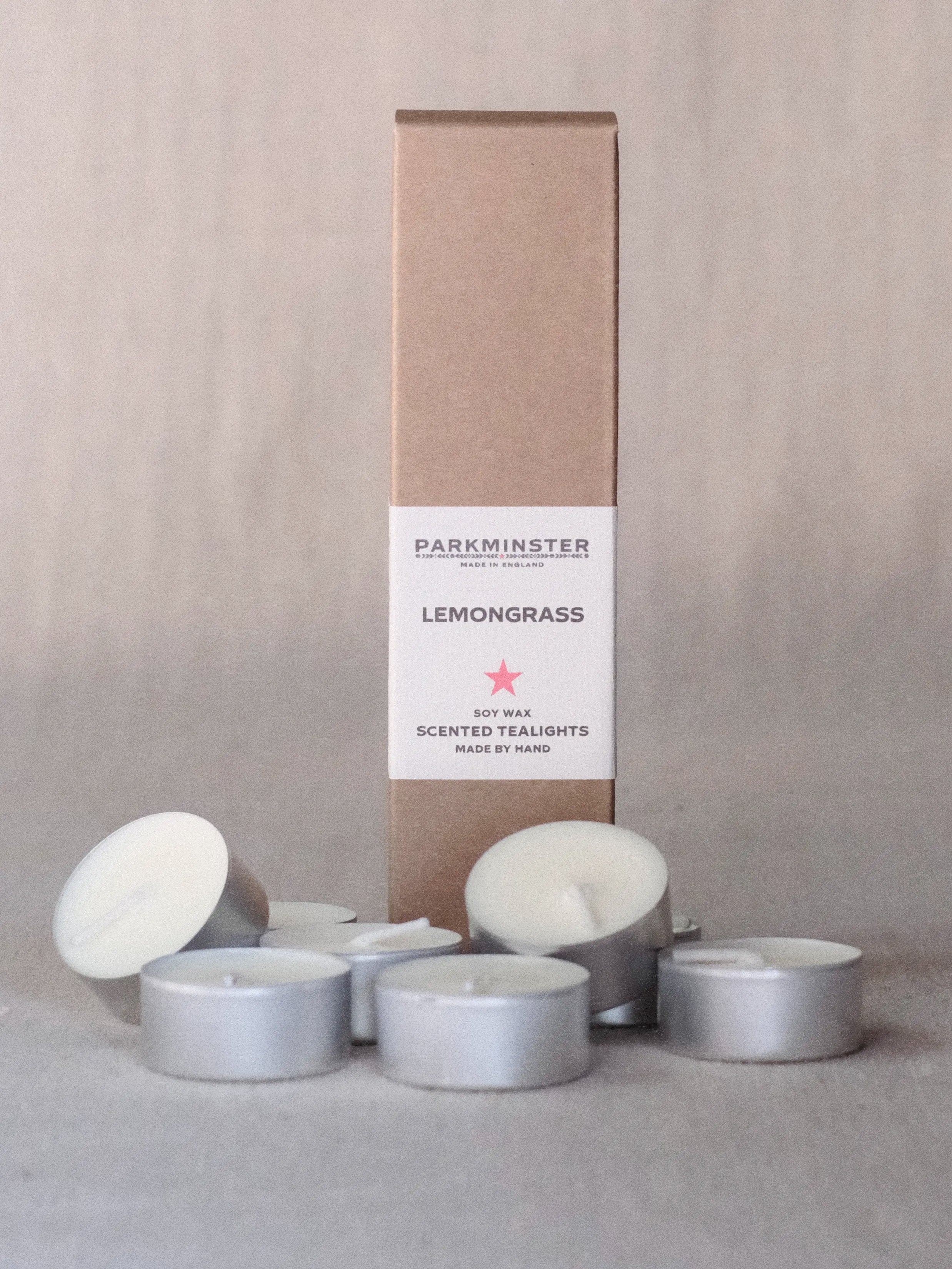 Parkminster Lemongrass soy‑wax tealights x8 – handmade in Cornwall with 100% lemongrass essential oil for a fresh, citrus‑herbal fragrance.