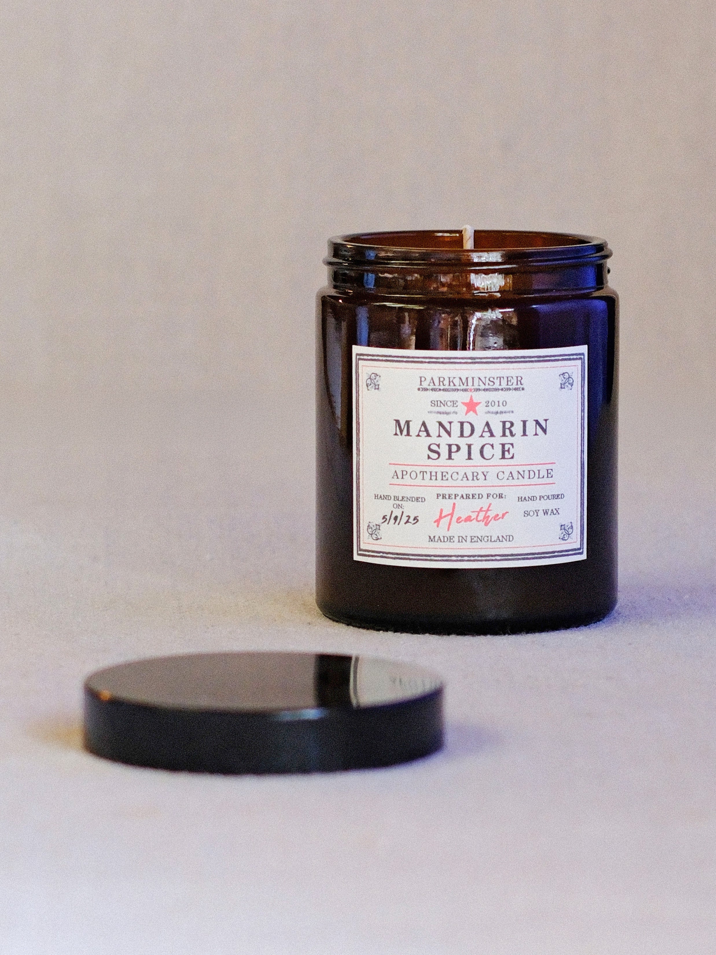 Mandarin Spice amber jar candle by Parkminster – plant-based, hand-poured natural scented candle infused with warming cinnamon, clove & mandarin essential oils, a sustainable and thoughtful Christmas candle gift