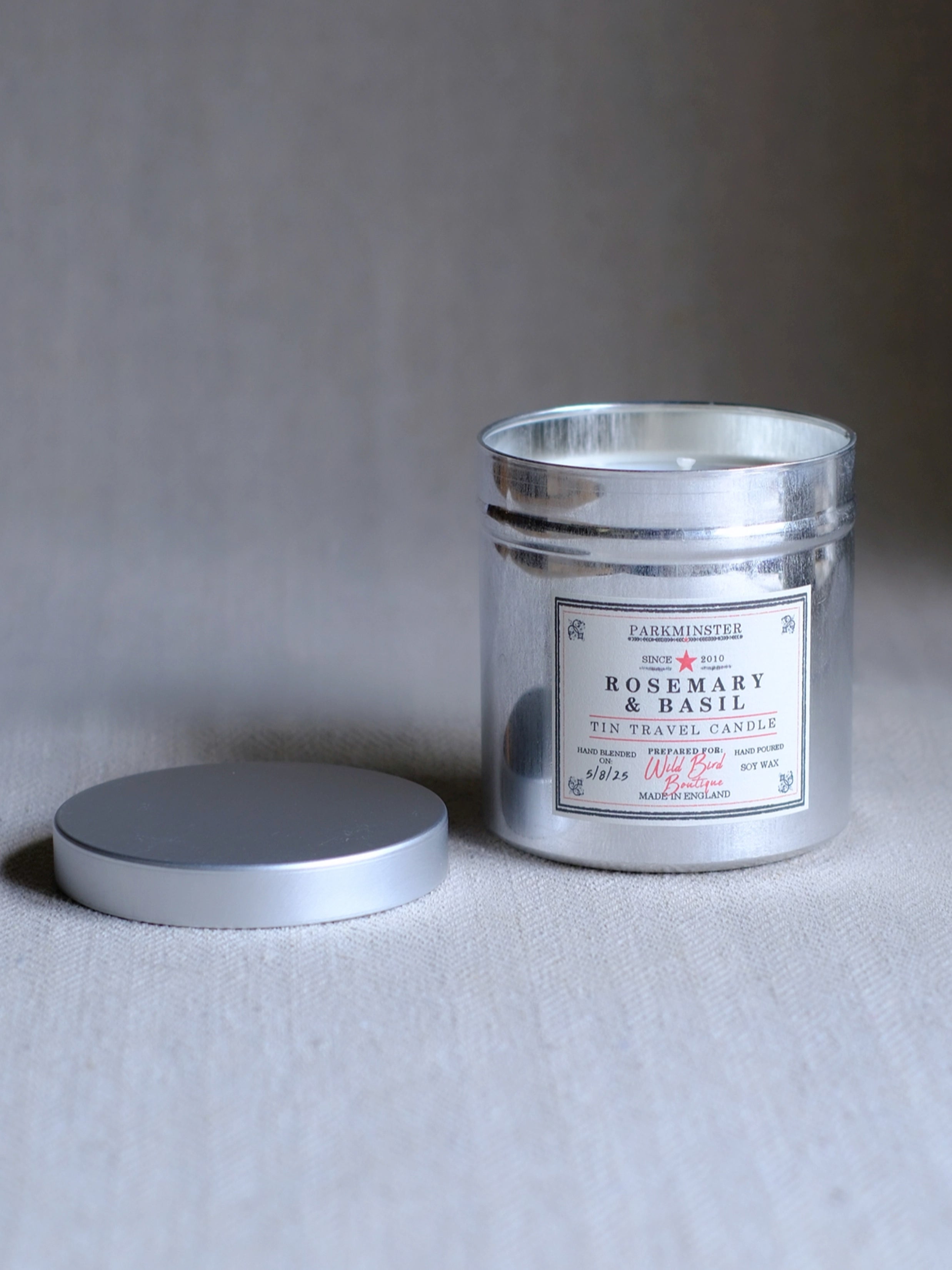 Parkminster Natural Rosemary & Basil Scented Tin Candle – 280g botanical soy wax candle from the Fragrance Collection