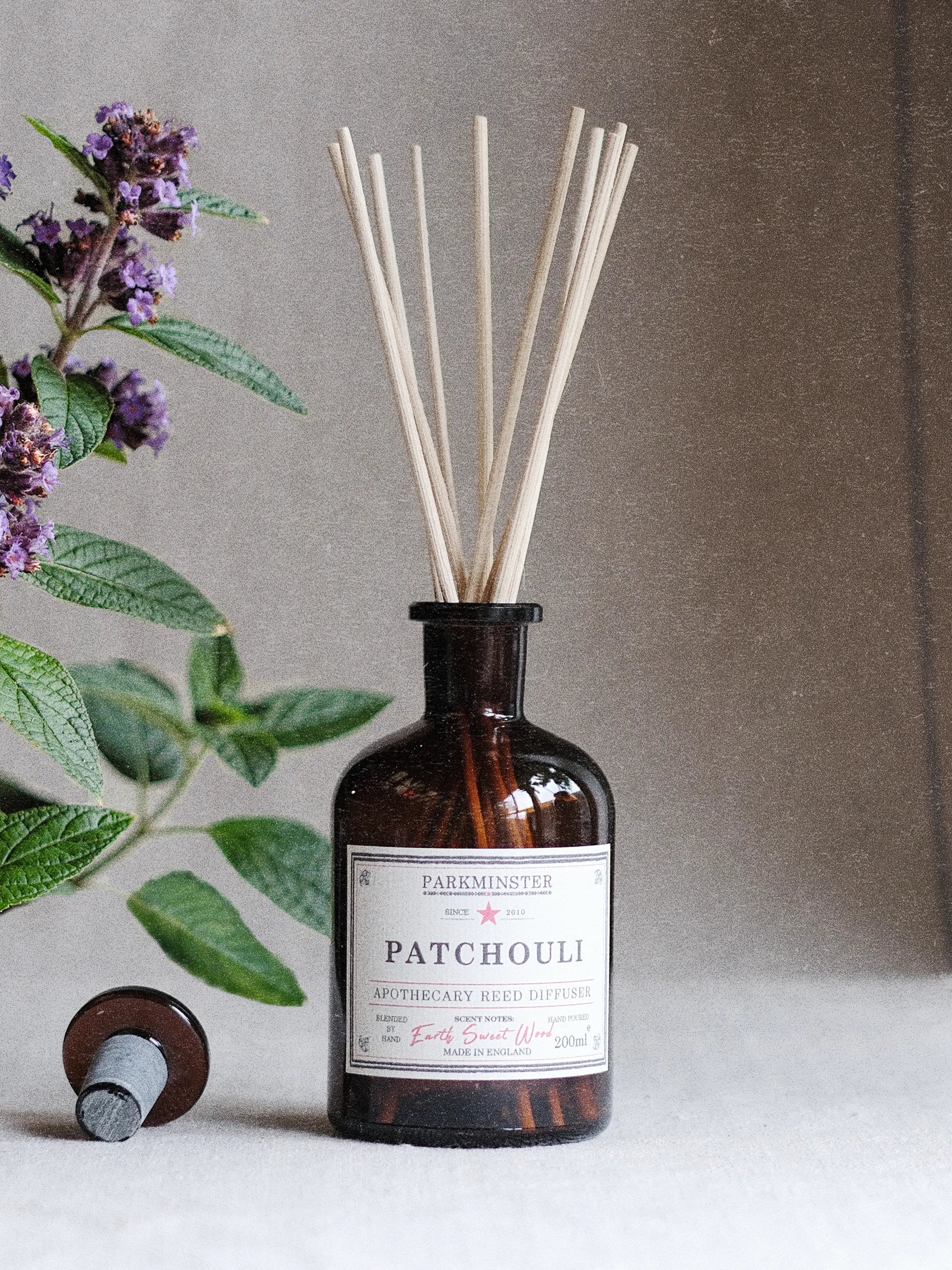 a Patchouli Apothecary Reed Diffuser with rich earthy, woody and musky essential oil fragrance for a natural home scent and reed diffuser gift. All made by hand by Parkminster.