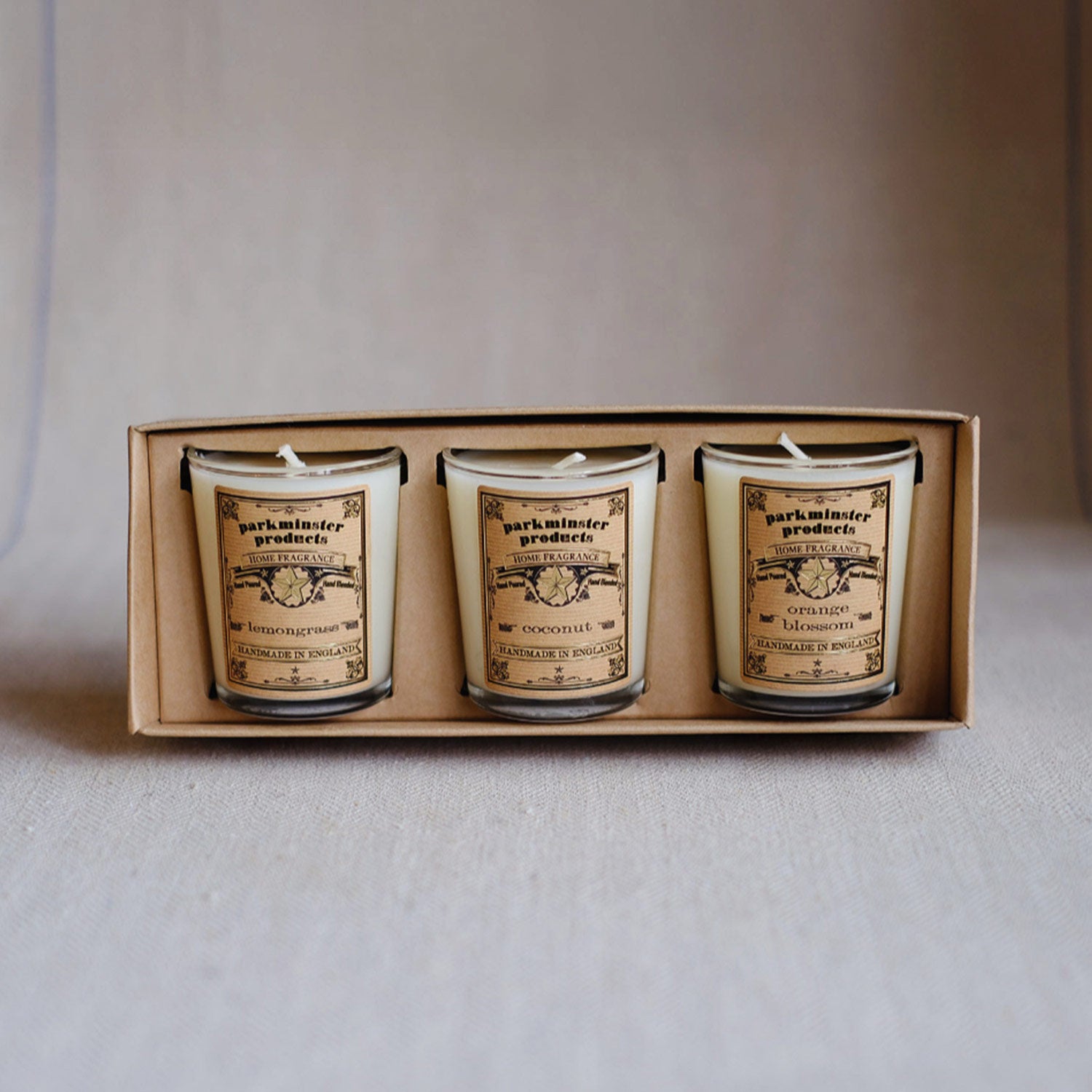 Parkminster Summer Candle Gift Set – Handmade Soy Wax Candles in Lemongrass, Coconut, and Orange Blossom, Perfect for a Natural Candle Gift.