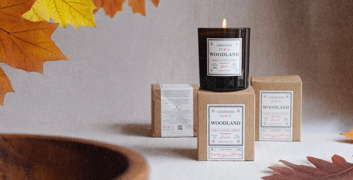a Woodland Large Votive Candle by Parkminster – Natural Autumn Candle with Essential Oils