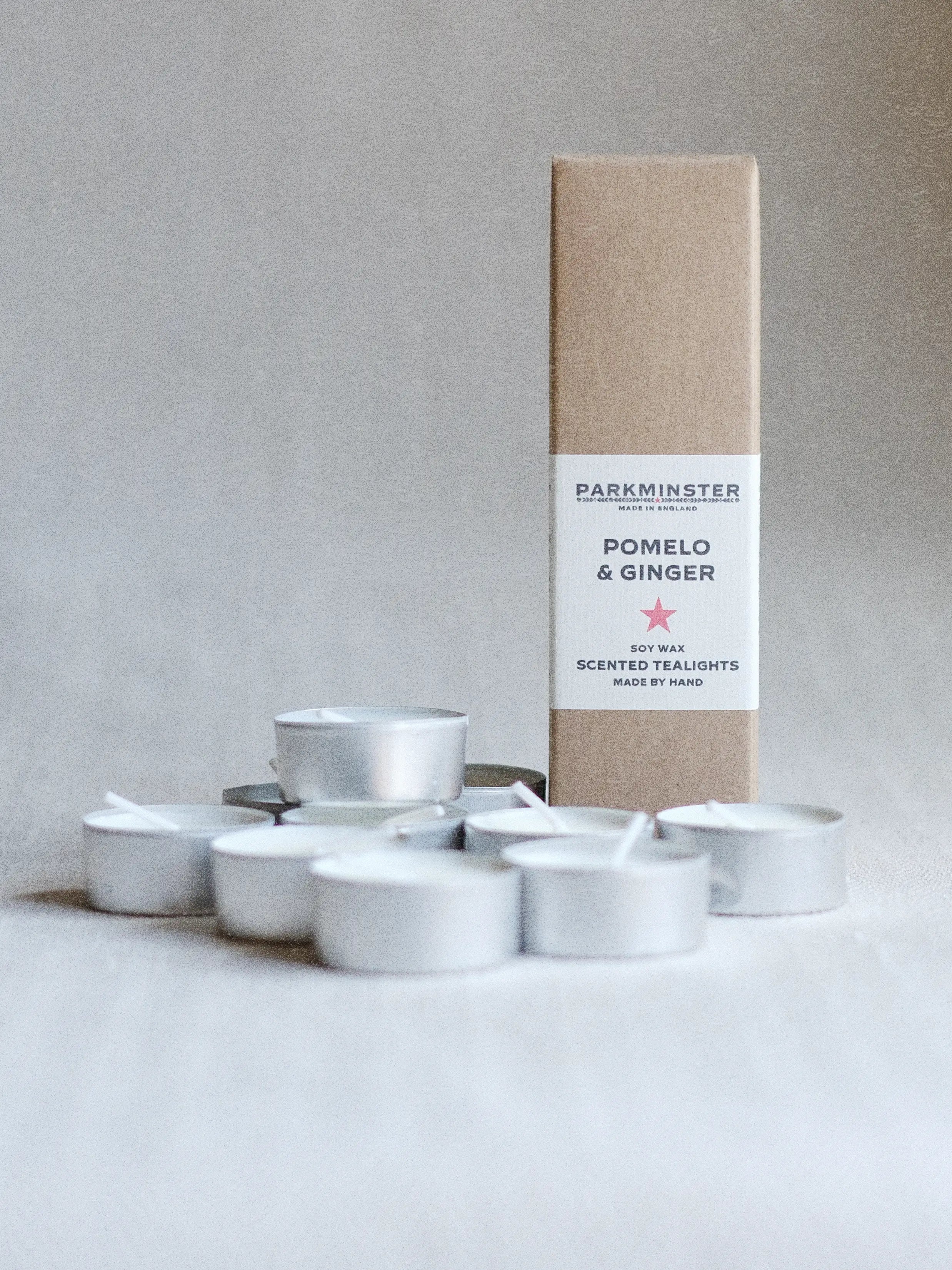 Parkminster Pomelo & Ginger scented tealight candles 8 pack natural soy wax kraft paper packaging