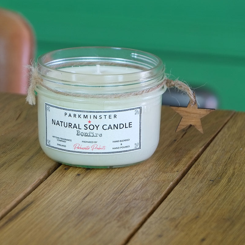 Bonfire scented Vintage Star Jar Candle 280g - Parkminster Home Fragrance Company - At Parkminster we hand blend and hand pour every candle in our Sussex & Cornwall workshops. Everything we sell has been made by us, using natural & sustainable ingredients, essential oils and soy wax. Our packaging is always recycled & recyclable.