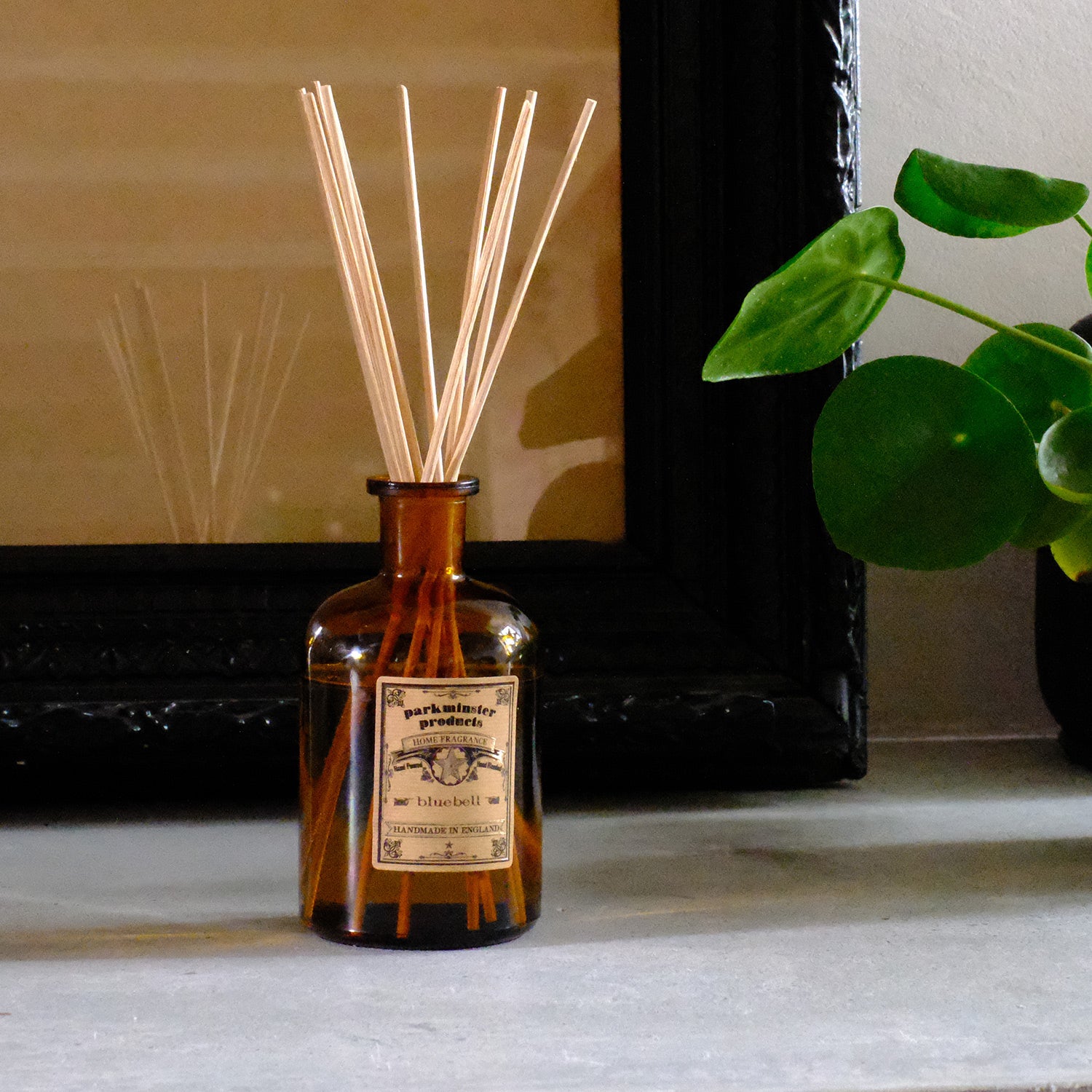 Spring-scented Bluebell Reed Diffuser from Parkminster, 200ml Apothecary Collection amber jar, handcrafted in Cornwall