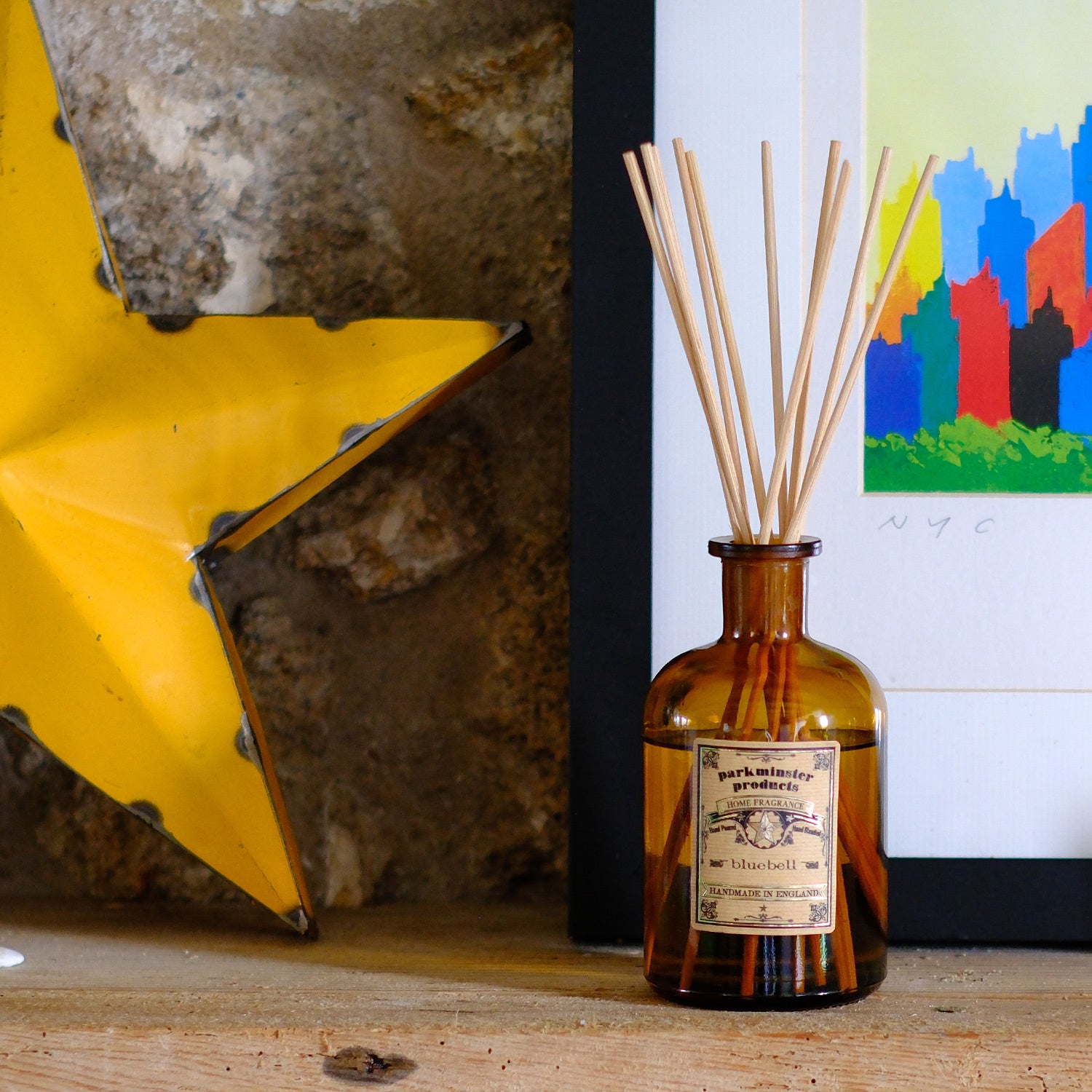 200ml Bluebell Reed Diffuser by Parkminster Home Fragrance, capturing the essence of spring, from the Apothecary Collection in an amber jar, made in Cornwall