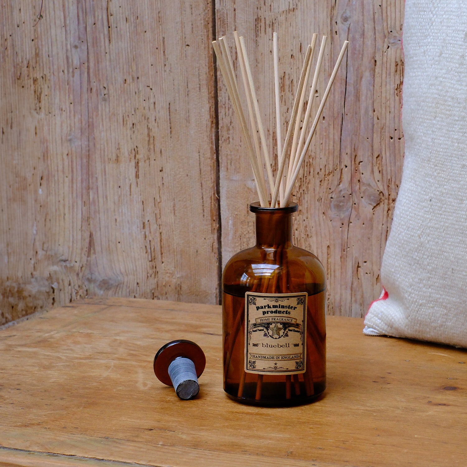 Parkminster Home Fragrance Bluebell Reed Diffuser, 200ml amber jar, part of the Apothecary Collection, spring fragrance made in Cornwall