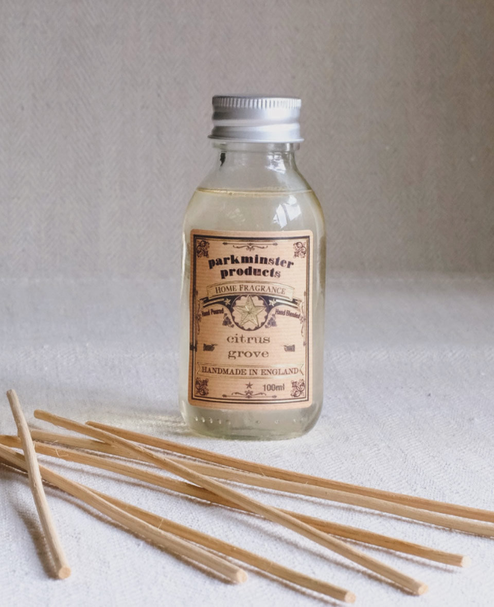 Parkminster Citrus Grove 100ml Reed Diffuser Refill with 7 free natural reeds, hand-blended in Cornwall, housed in a recyclable glass bottle