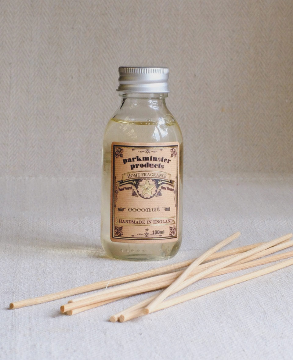 Parkminster Coconut 100ml Reed Diffuser Refill with 7 free natural reeds, hand-blended in Cornwall, housed in a recyclable glass bottle.