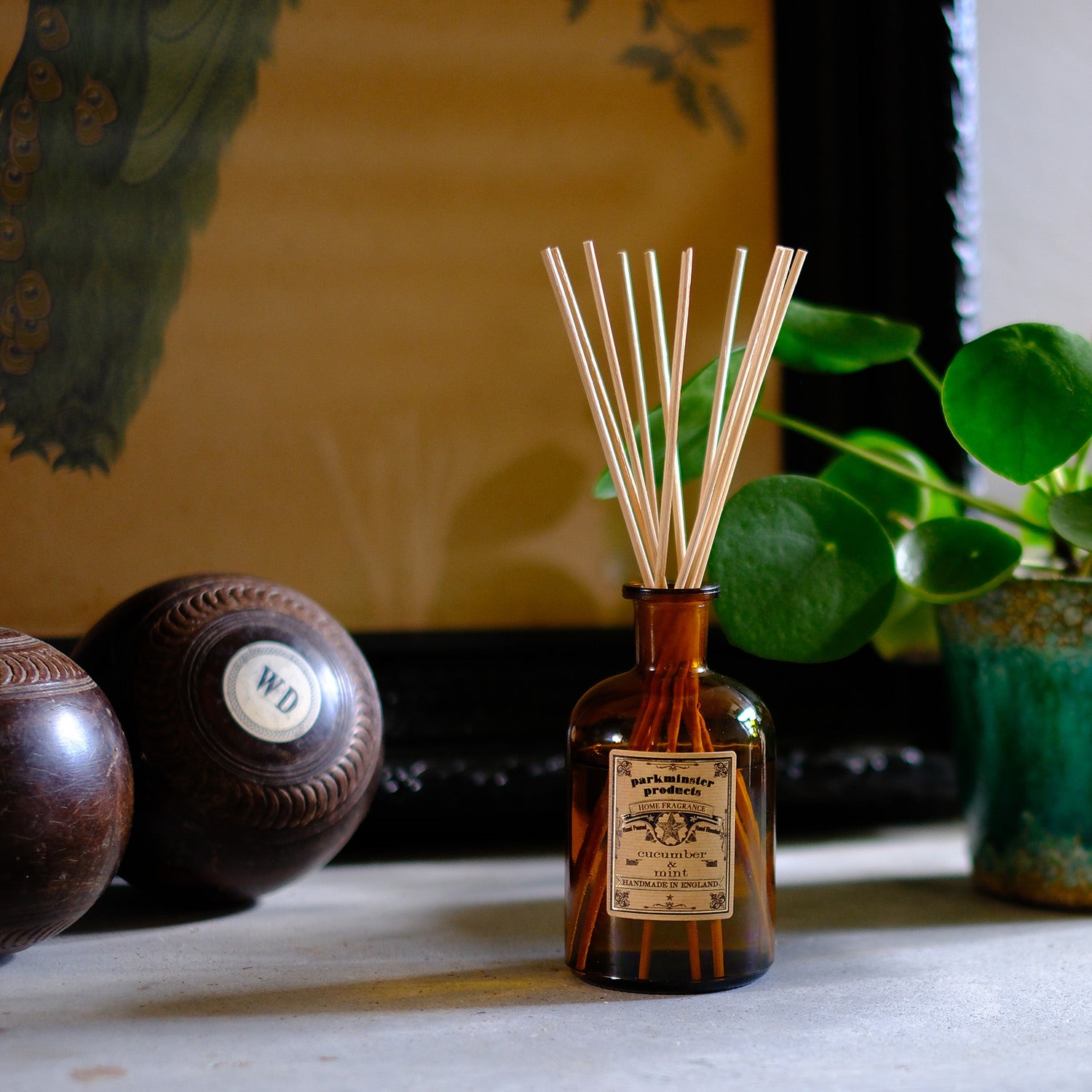 200ml Cucumber & Mint Reed Diffuser by Parkminster Home Fragrance, fresh and herby scent in an amber jar, handcrafted in our Cornwall workshop, part of the Apothecary Collection