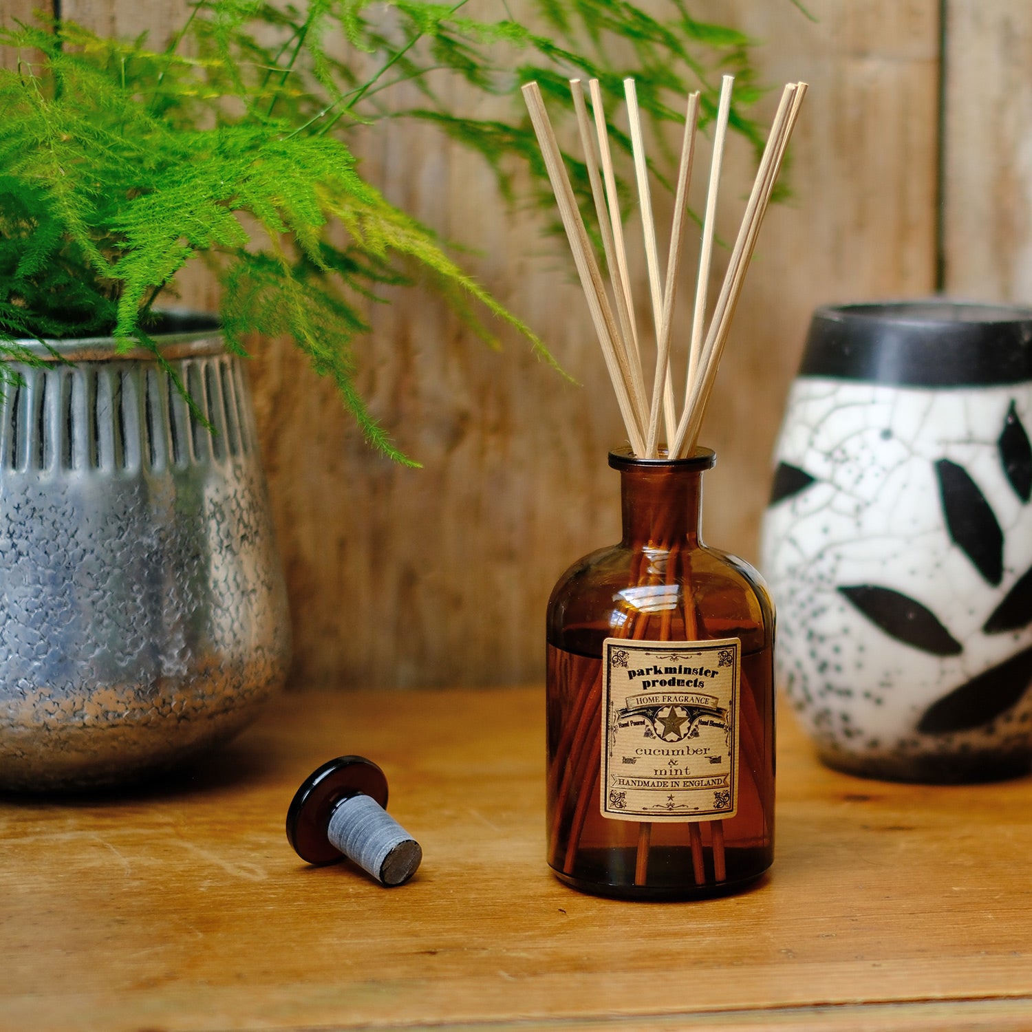 Parkminster Home Fragrance Cucumber & Mint Reed Diffuser, 200ml amber jar, fresh and herby scent, crafted by hand in our Cornwall workshop, Apothecary Collection