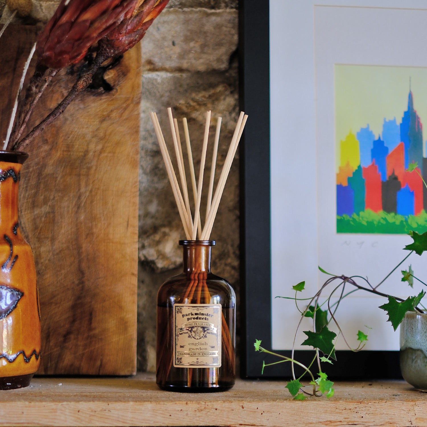 200ml English Garden Reed Diffuser by Parkminster Home Fragrance, capturing the essence of an English cottage garden with blooming plants, from the Apothecary Collection, handcrafted in Cornwall