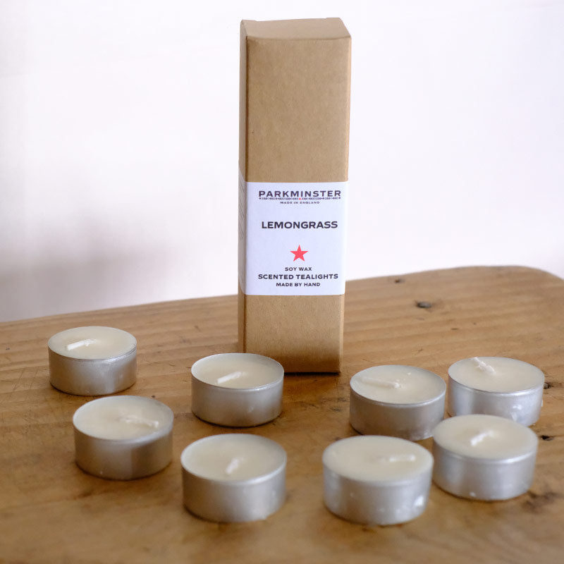 Lemongrass essential oil scented soy wax tealight candles hand poured in Cornwall by Parkminster Home Fragrance Company