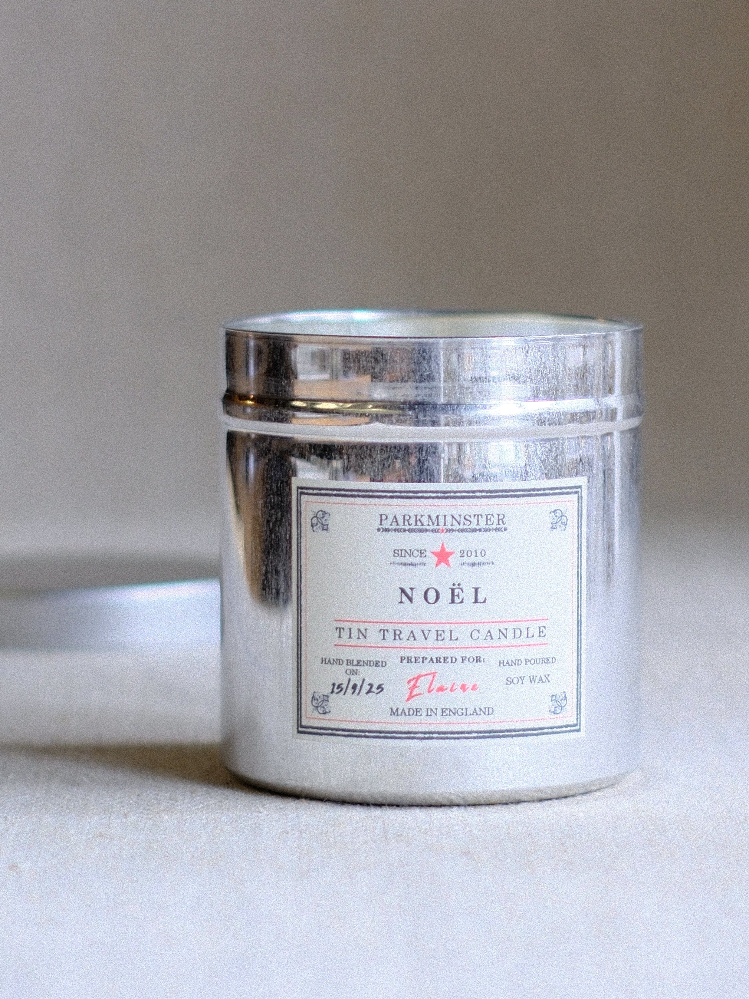 Noël Tin Travel Candle 280g – festive natural soy wax candle by Parkminster, warm Christmas fragrance